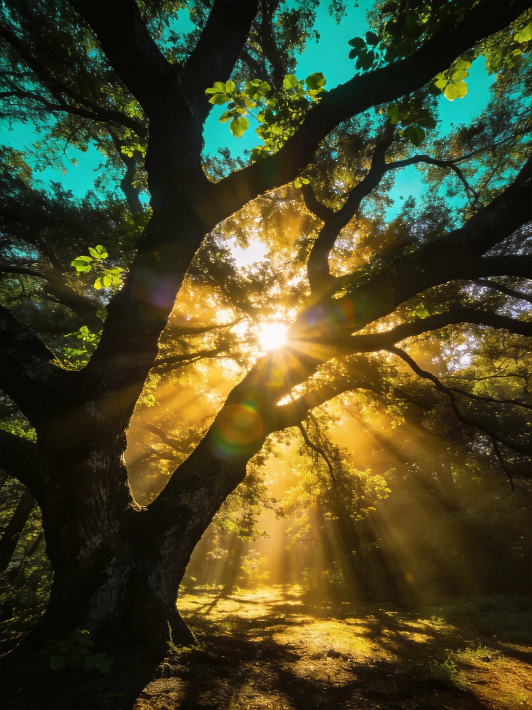 A massive old tree illuminated by golden sunlight with turquoise sky