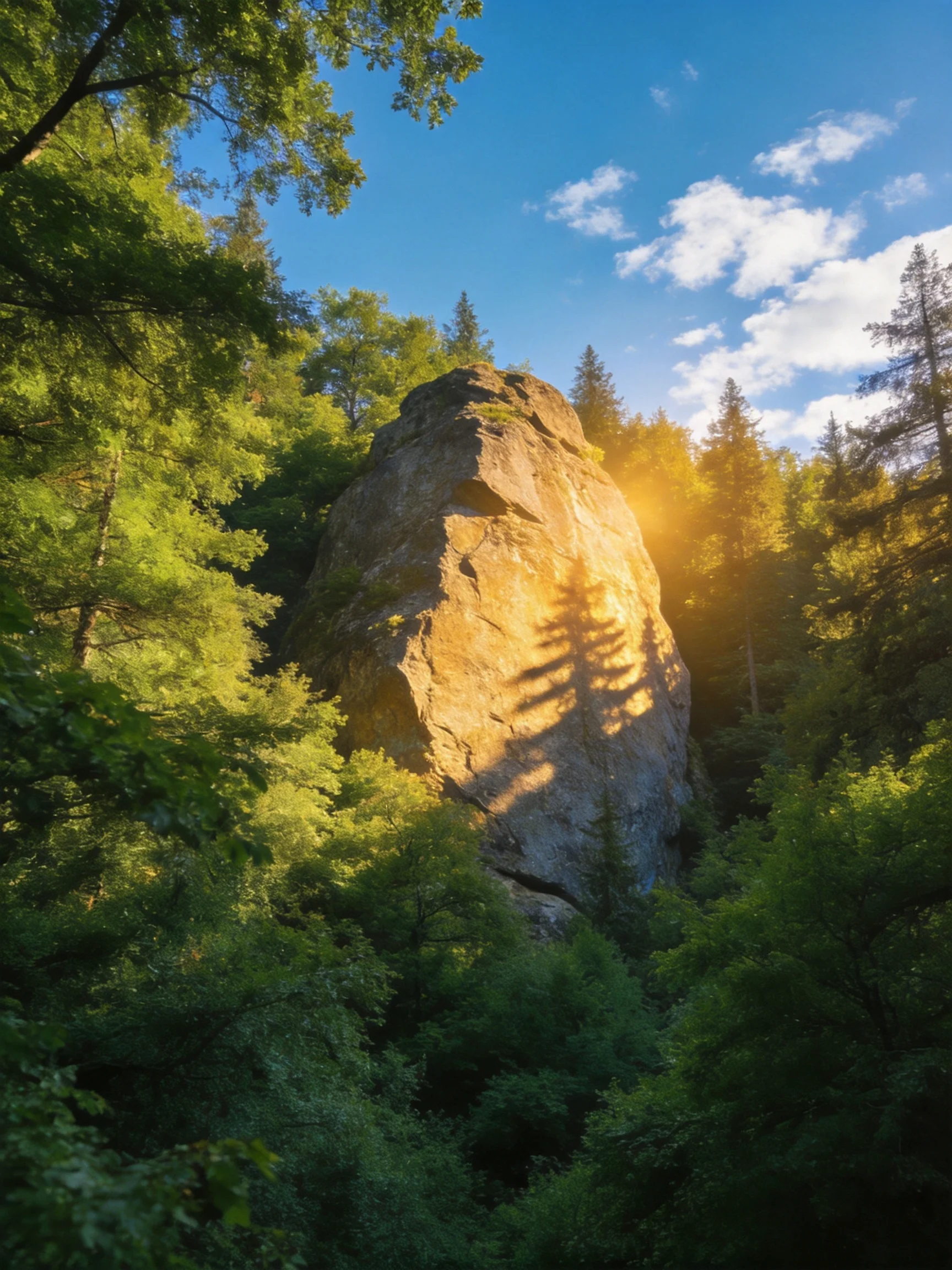 A massive rock amidst dense green foliage under bright blue skies