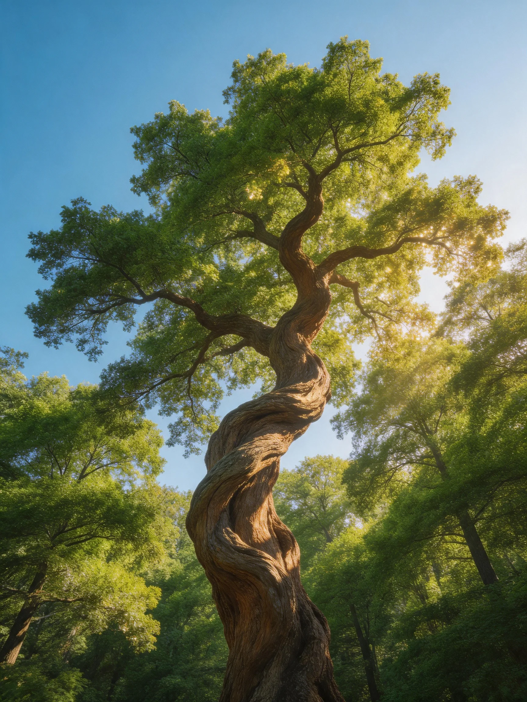 A massive twisted ancient tree with lush green foliage and clear blue sky