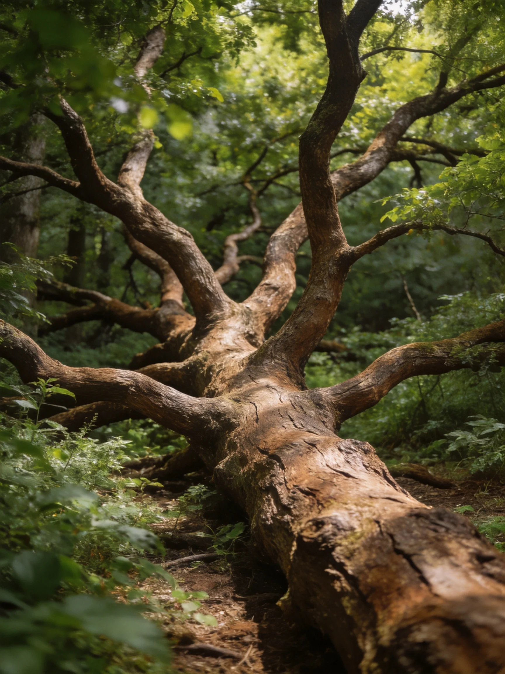 A massivefallen oak trunk lies amidst dense green woodland