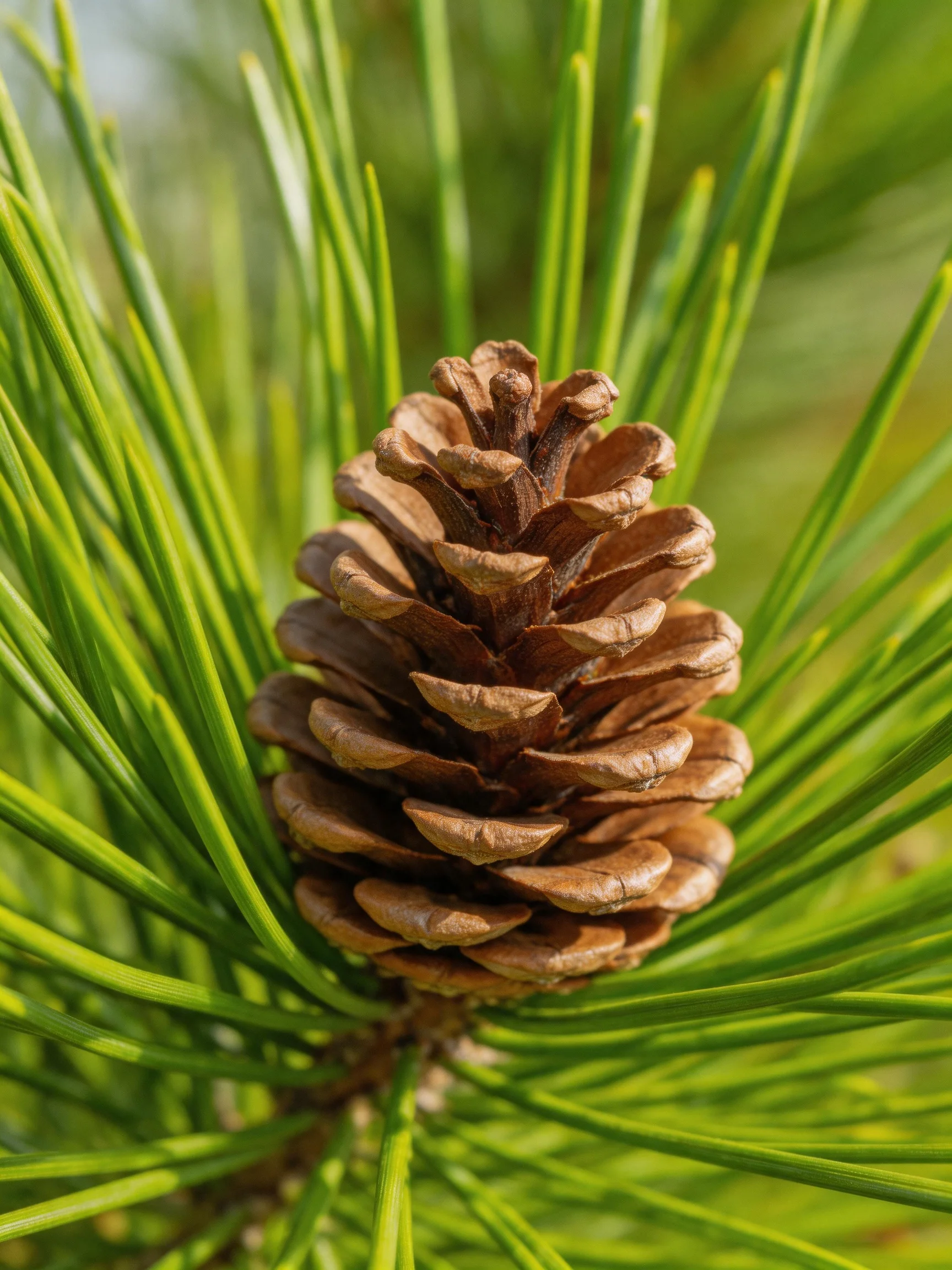 A mature brown pine cone among vibrant green pine needles