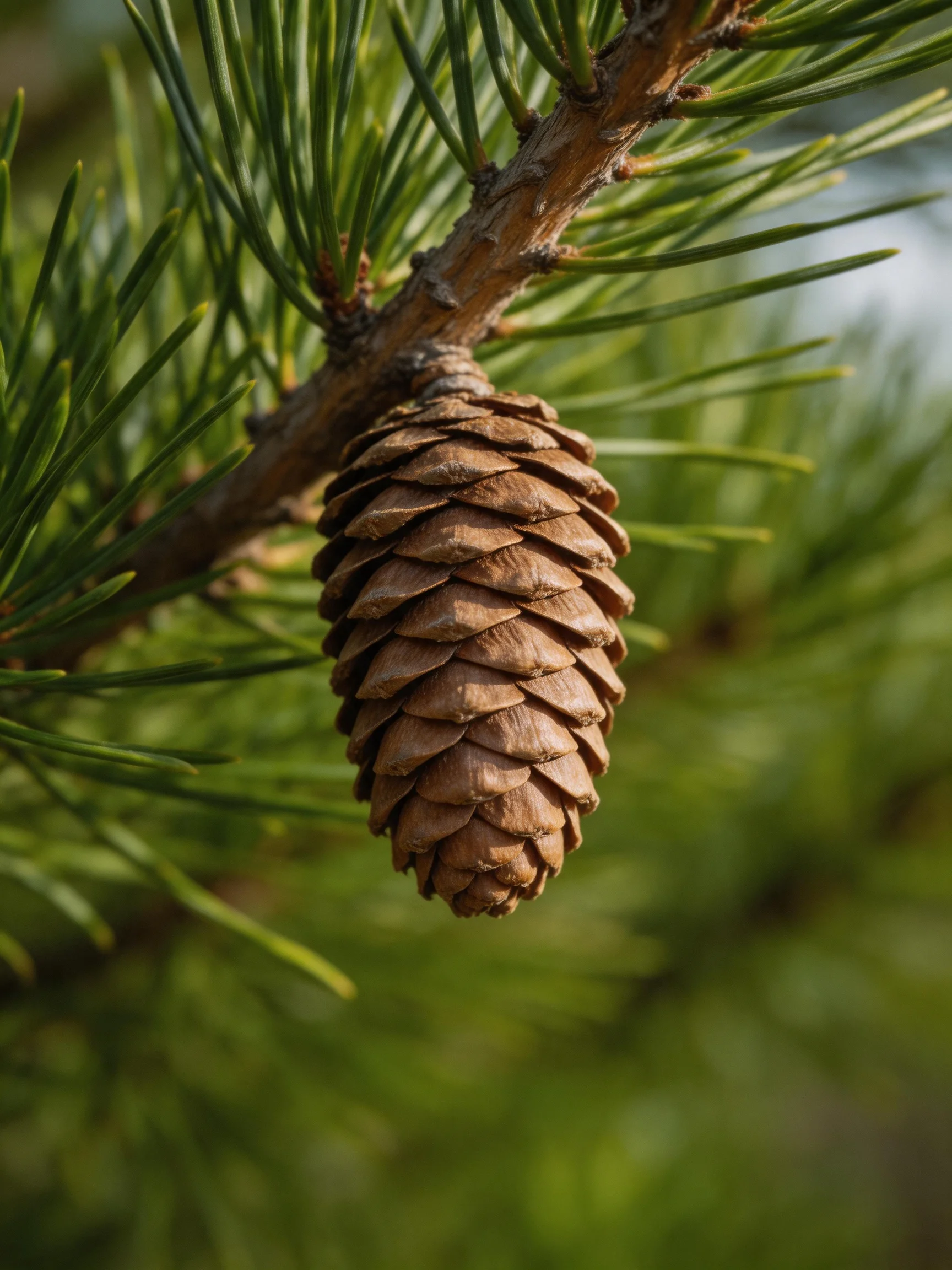 A mature brown pine cone hangs from a branch with vibrant green needles