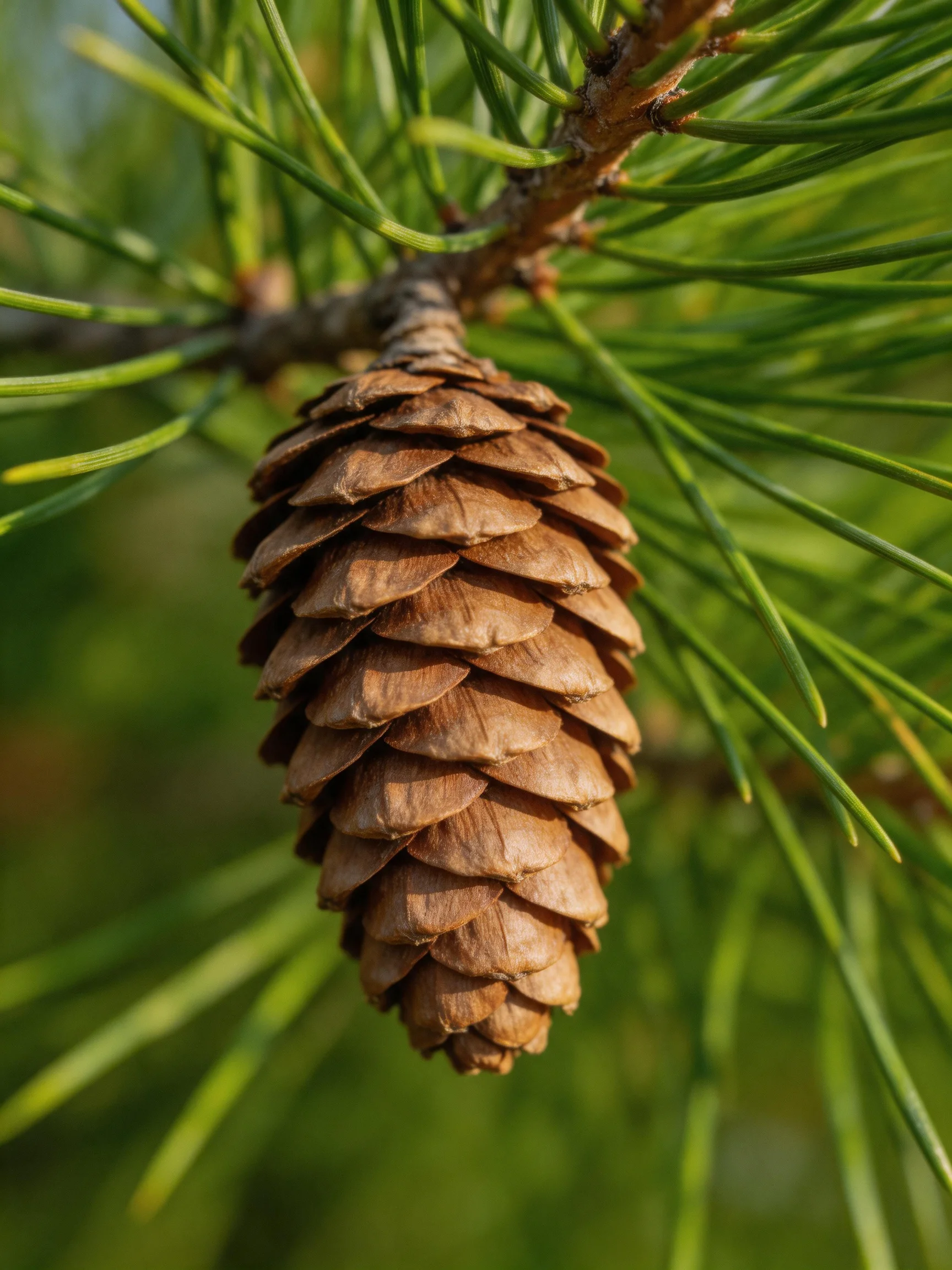 A mature brown pine cone hangs from a green needle-filled branch
