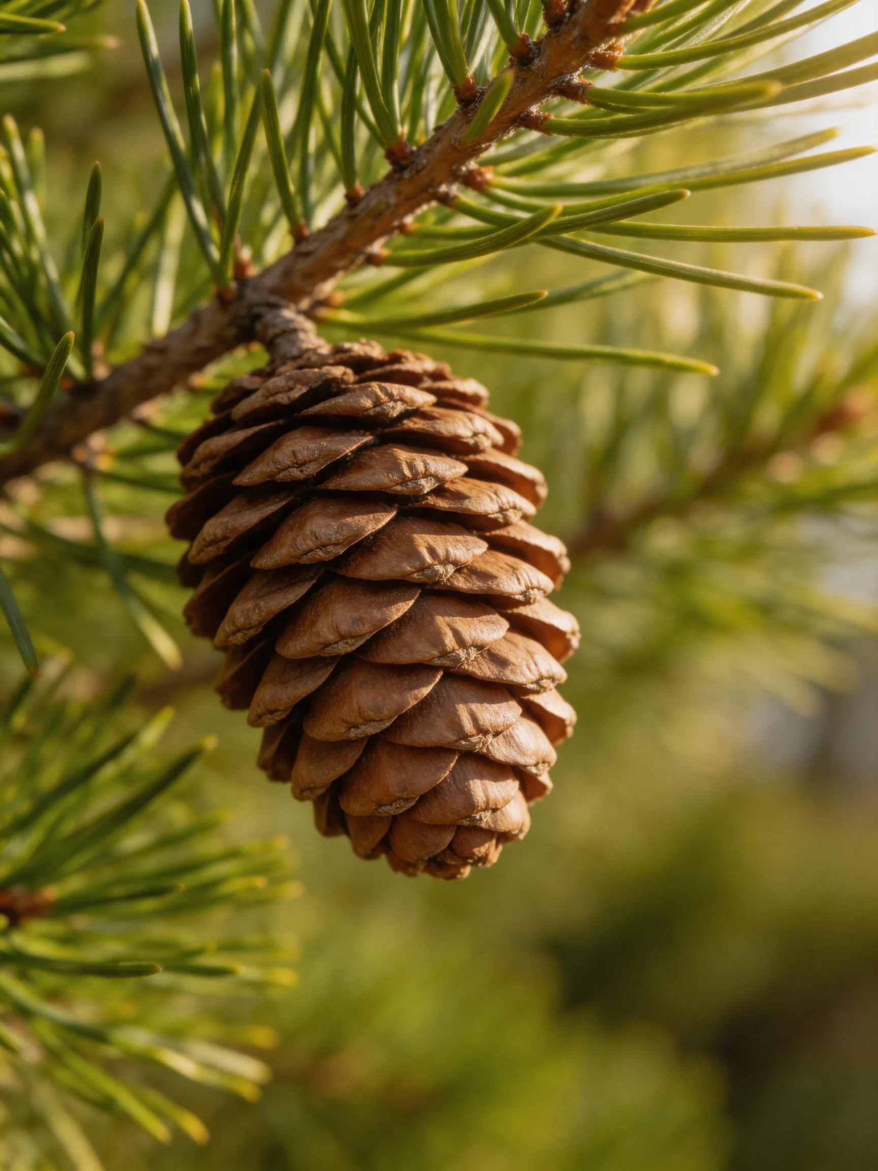 A mature brown pine cone hangs from vibrant green pine branches