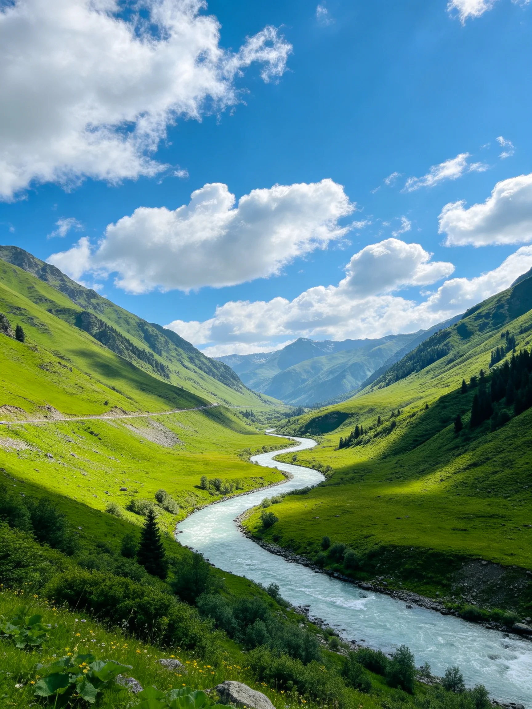 A meandering river flows through lush green mountain valleys under bright blue skies