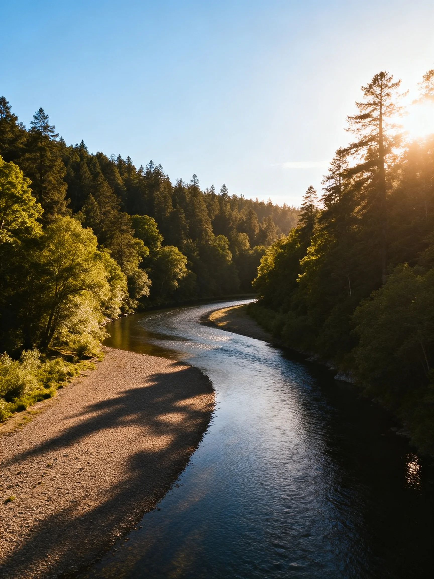 A meandering river winds through dense green forests under golden sunlight