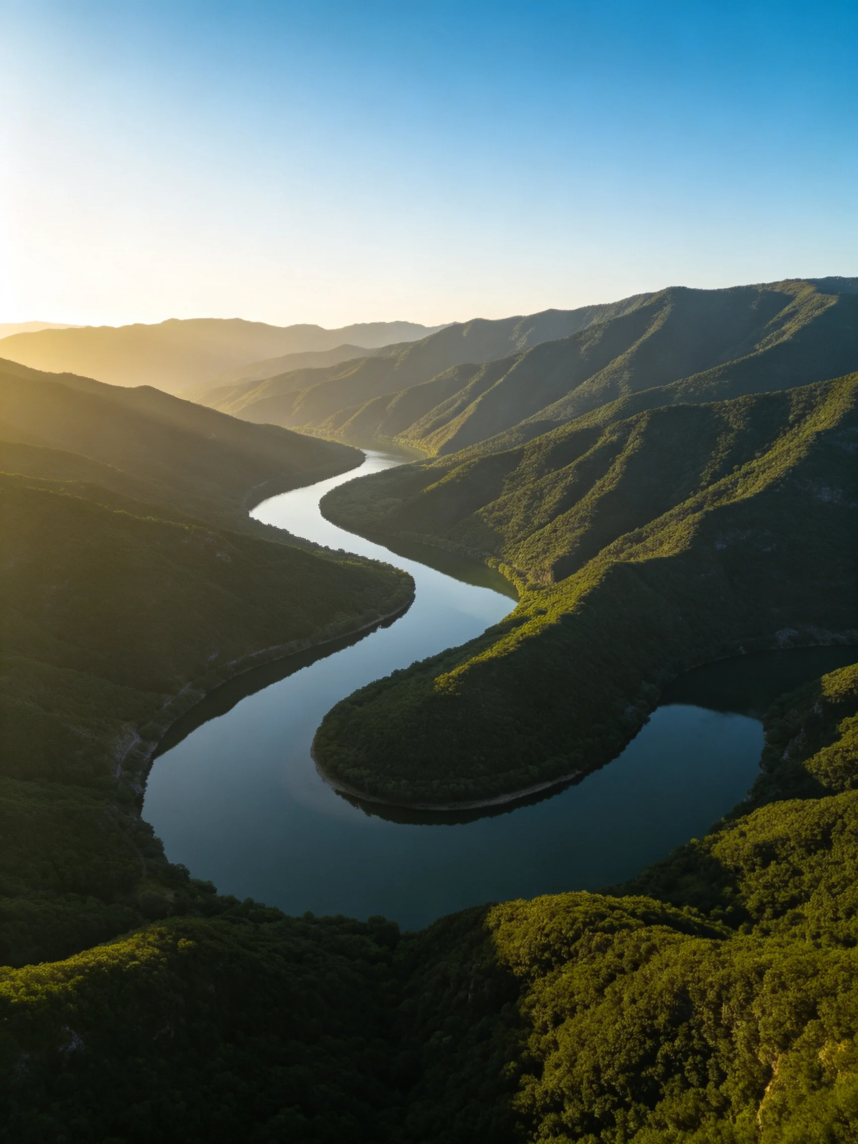 A meandering river winds through lush green mountain valleys