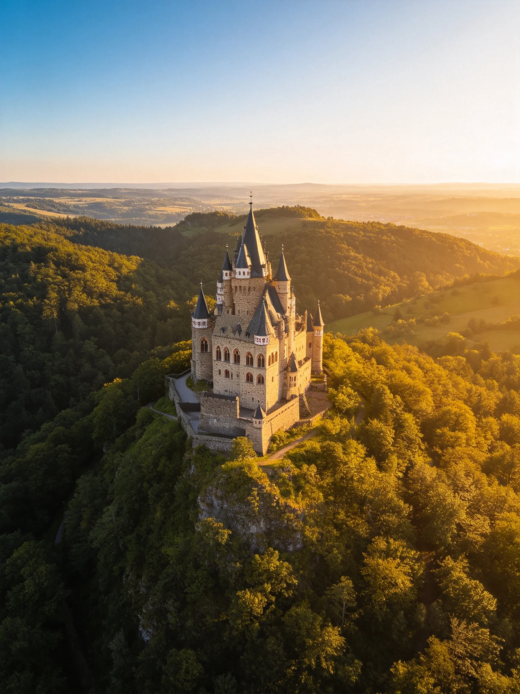 A medieval castle atop a forested hill during golden hour