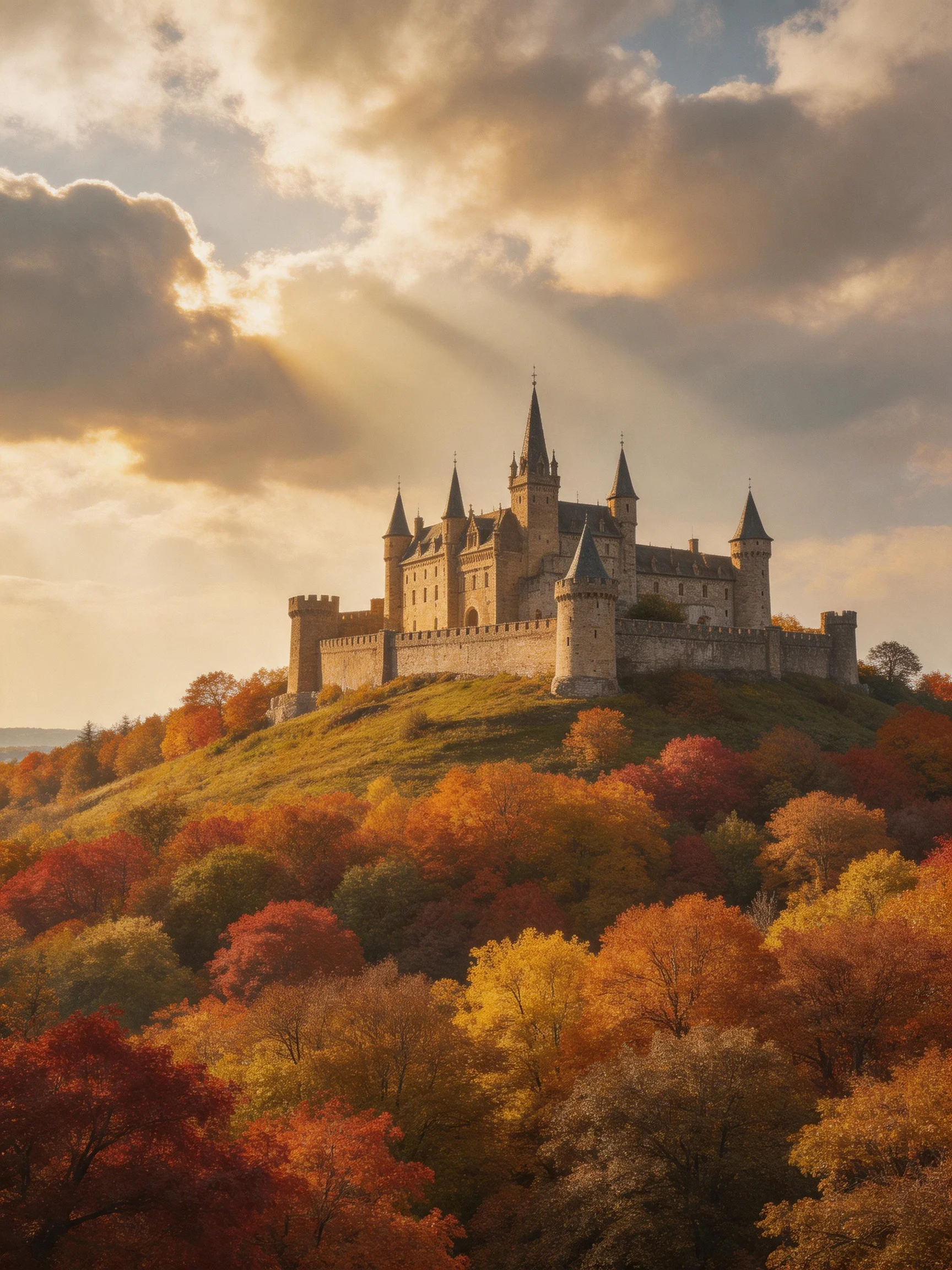 A medieval castle atop a hill surrounded by vibrant fall foliage
