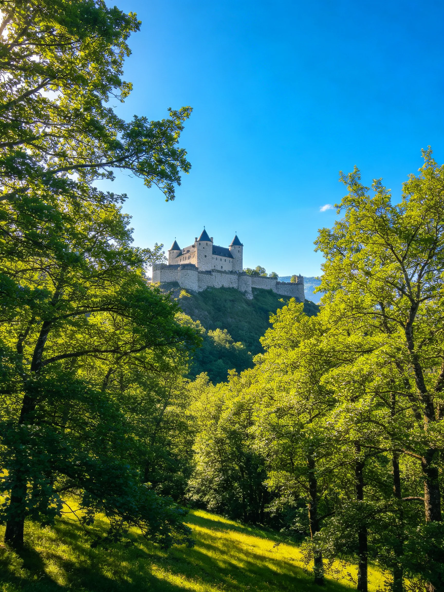 A medieval castle atop a lush forested hill under clear blue sky