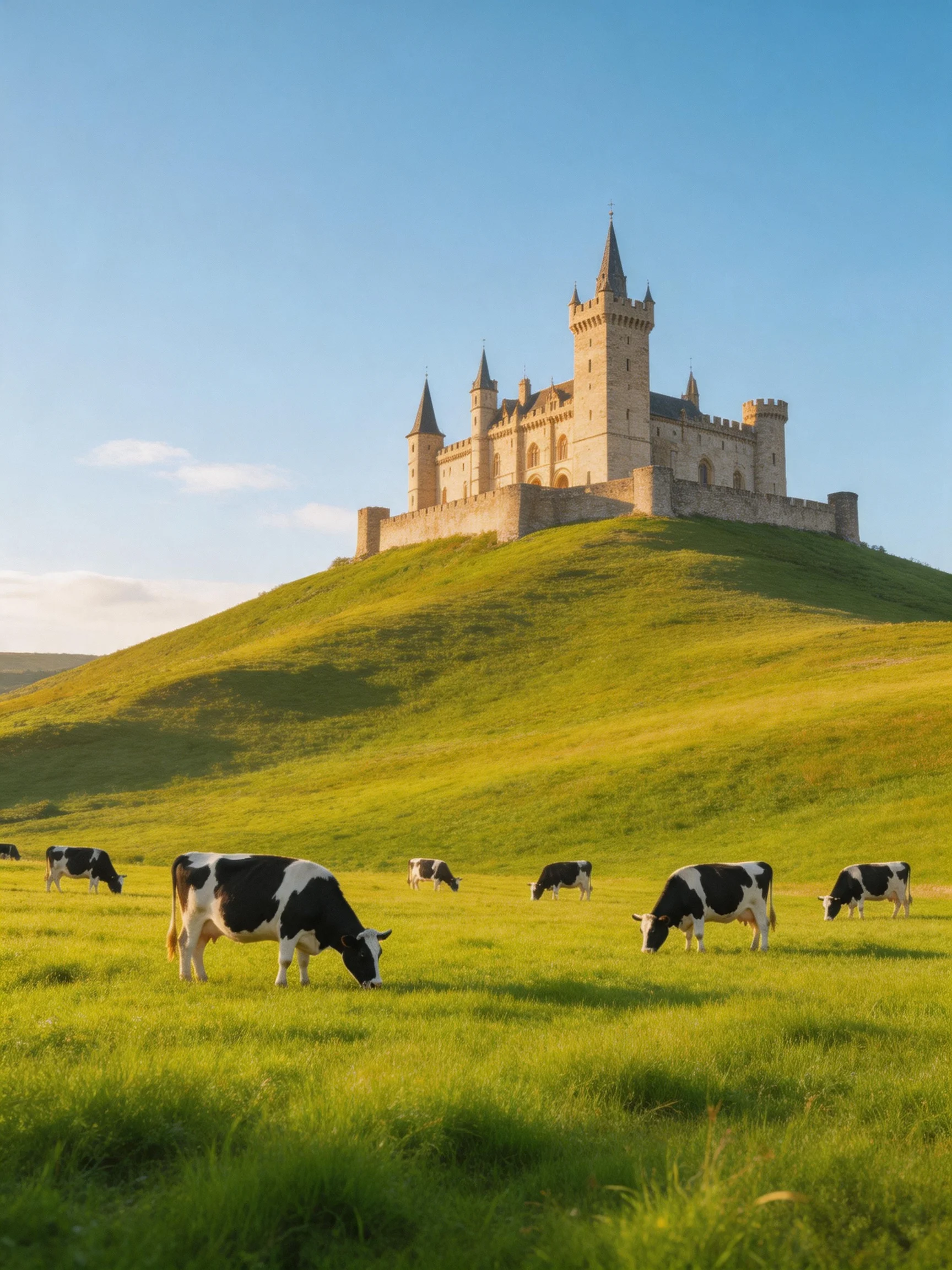 A medieval castle atop a lush green hill with several black-and-white cows grazing