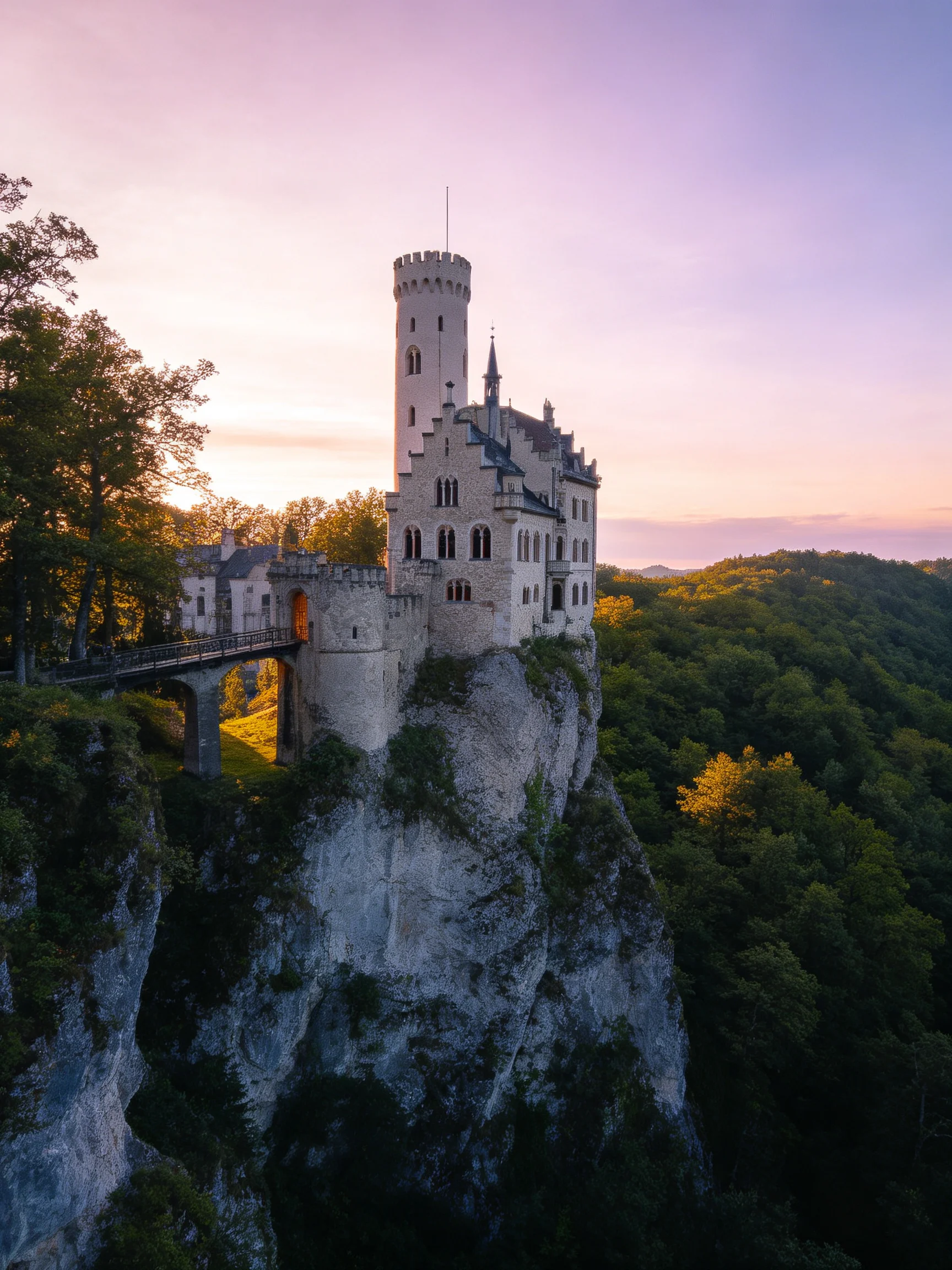 A medieval castle perched atop a rocky cliff at twilight