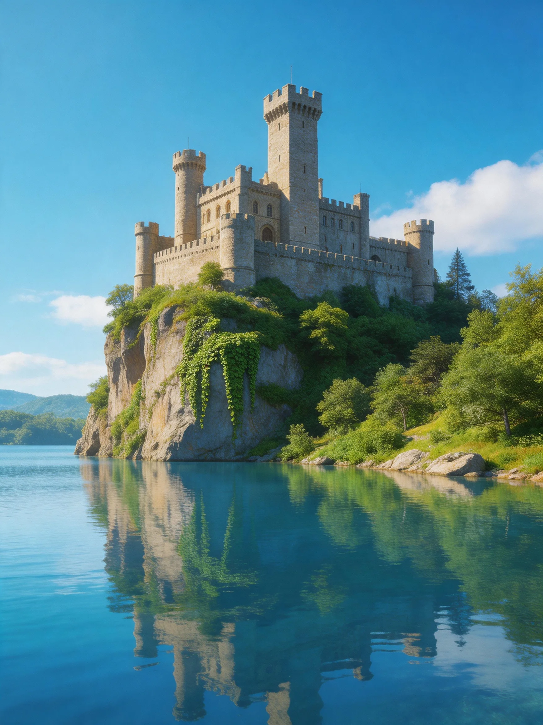 A medieval stone castle atop a rocky cliff by serene blue waters
