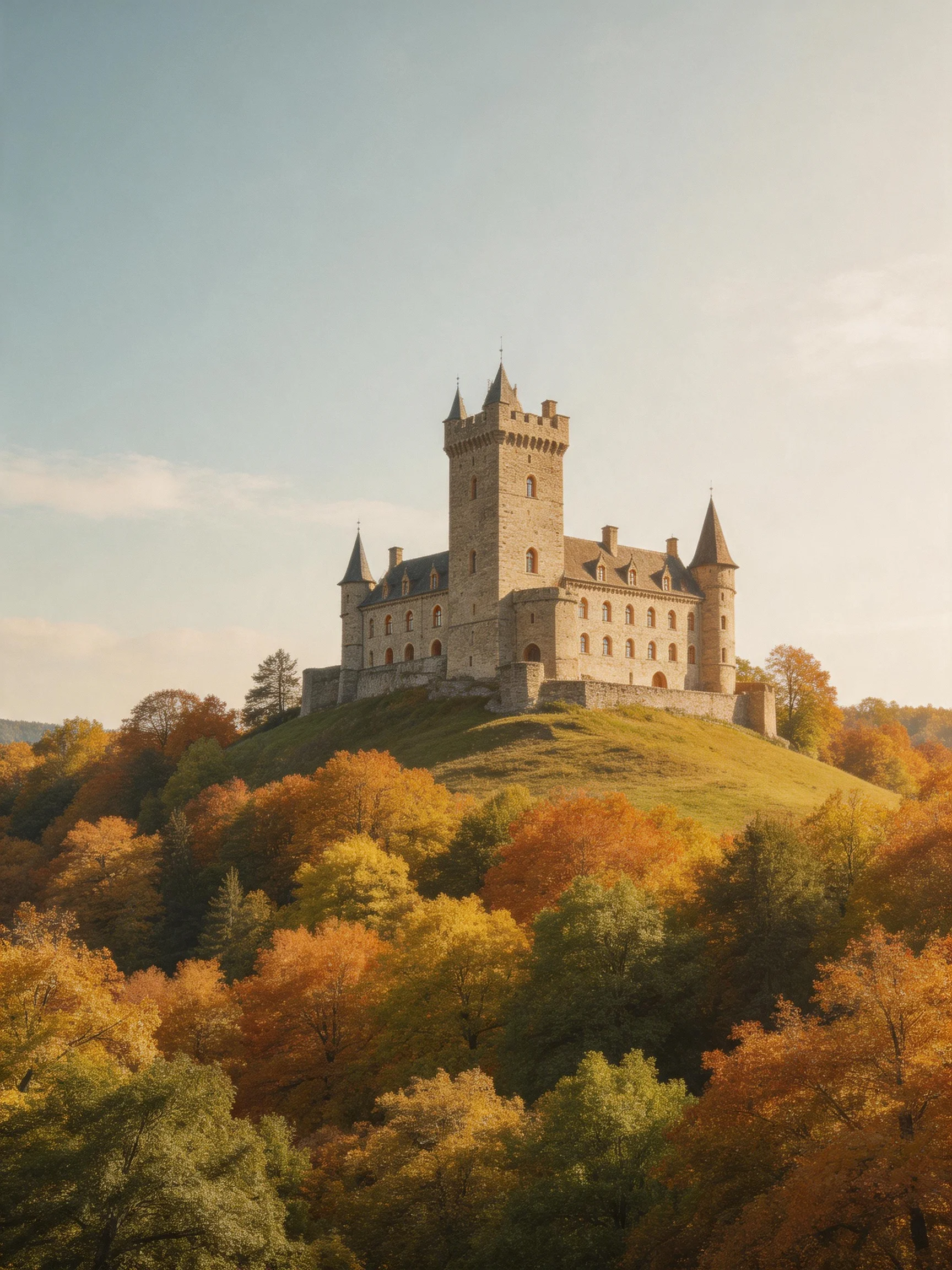 A medieval stone castle sits atop a hill amid vibrant autumn trees