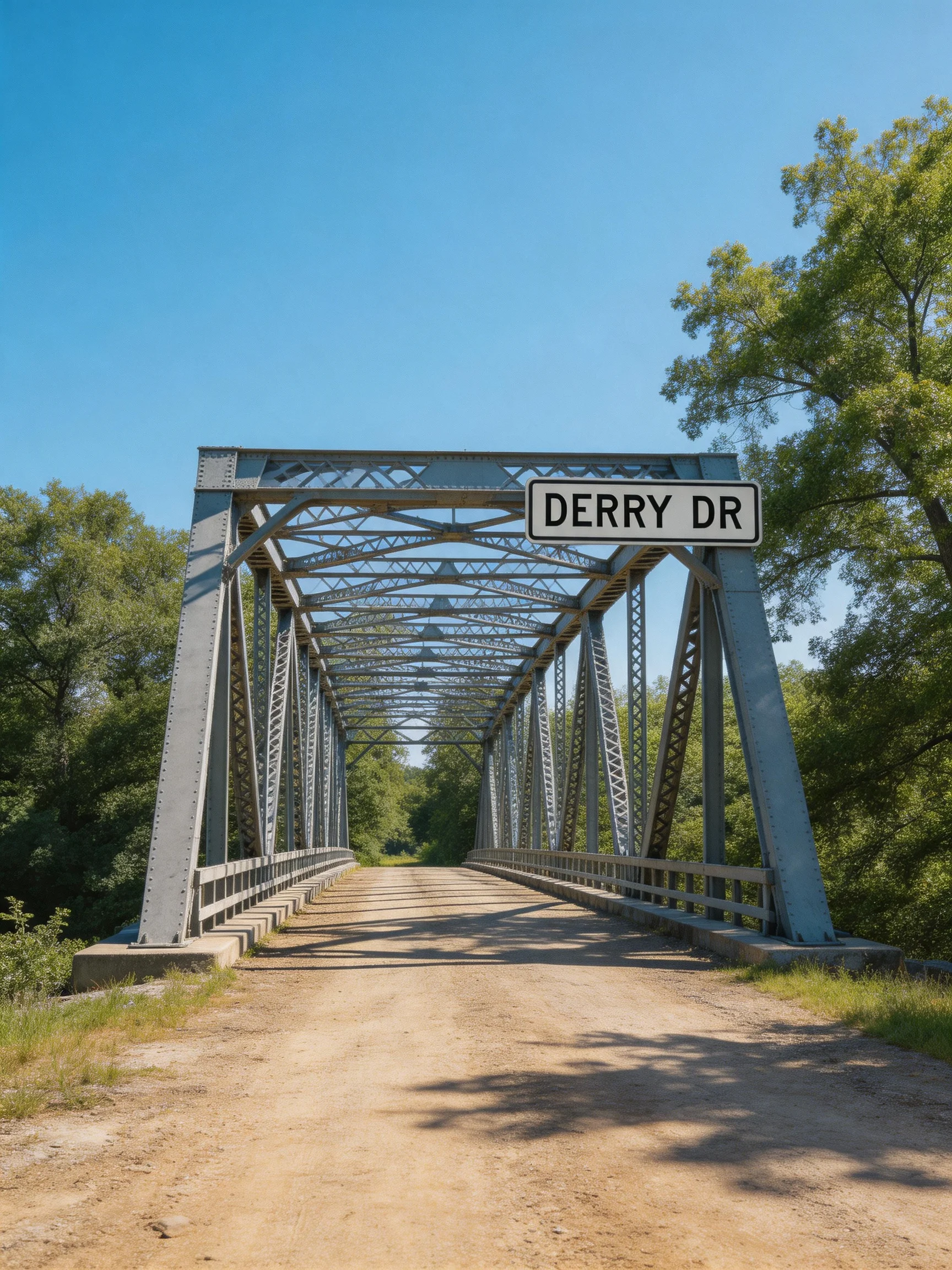 A metal truss bridge spans a dirt road with DERRY DR sign, near green trees