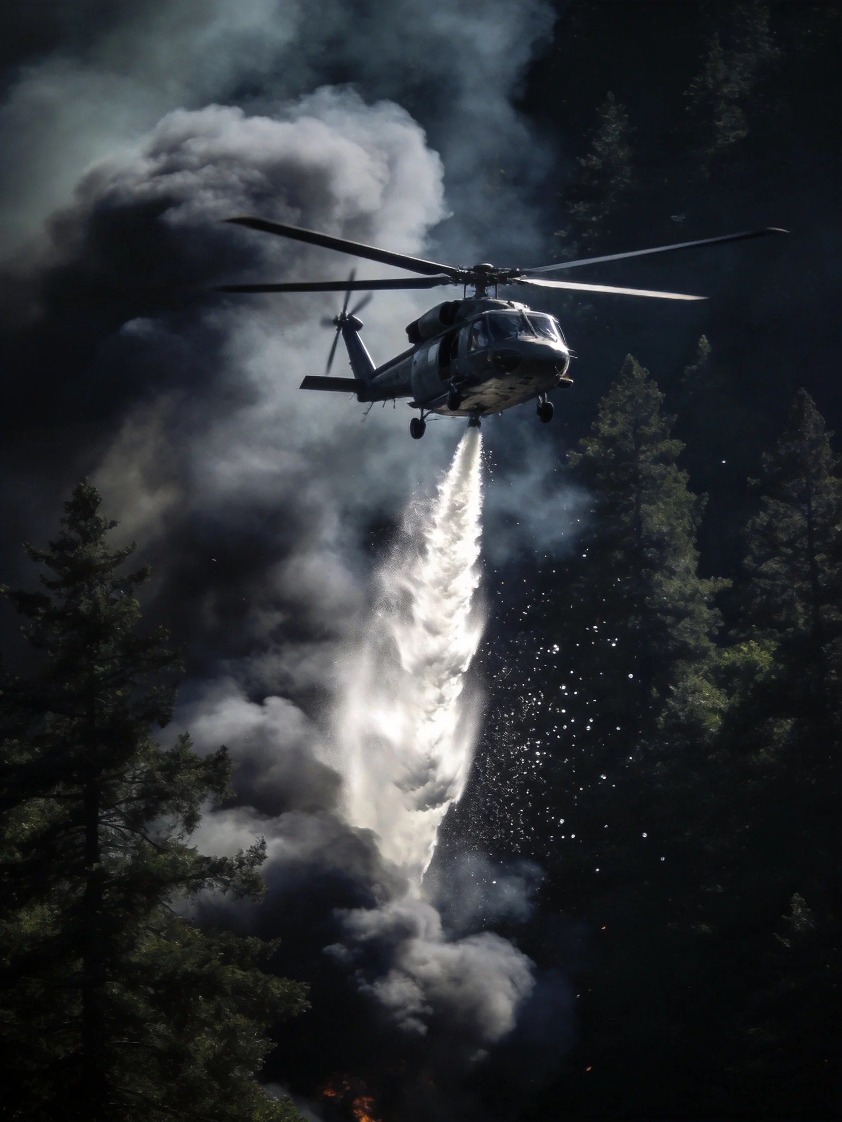 A military helicopter drops water on a smoky forest wildfire