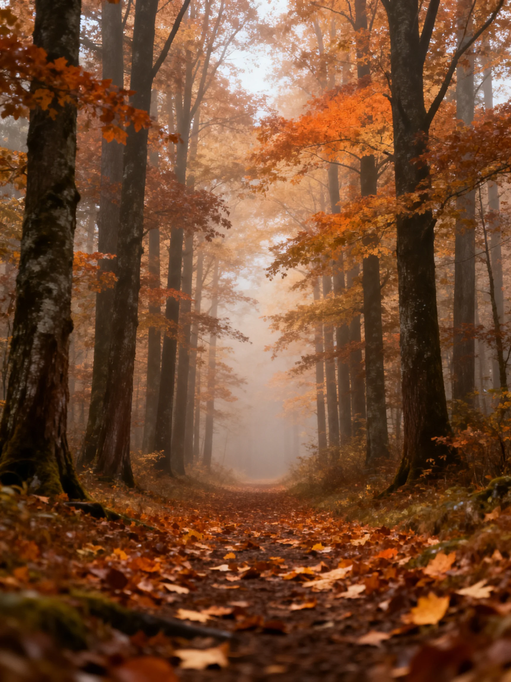 A mist-shrouded autumn forest path lined with tall trees