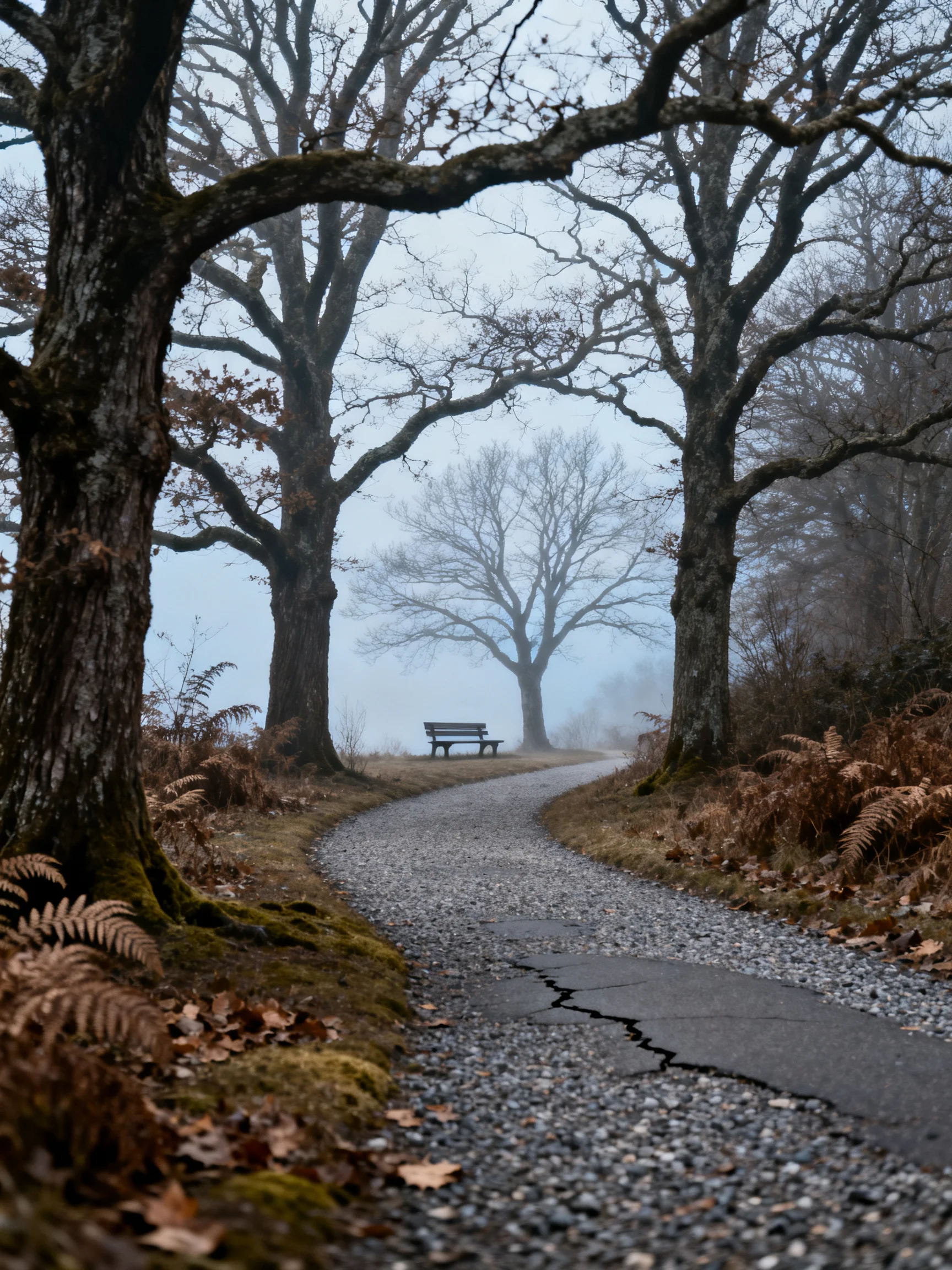 A mist-shrouded forest path with tall bare trees and a distant bench