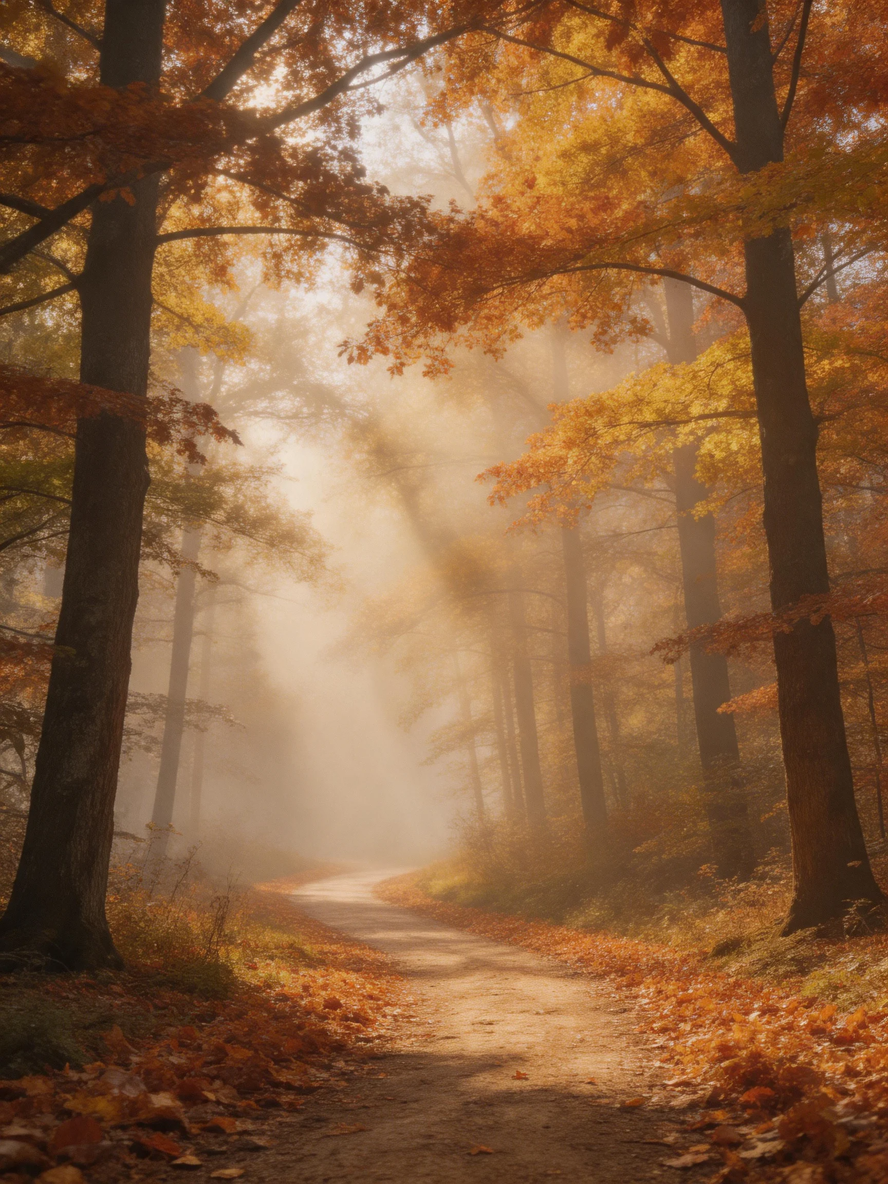 A misty autumn forest path lined with golden-orange leaves