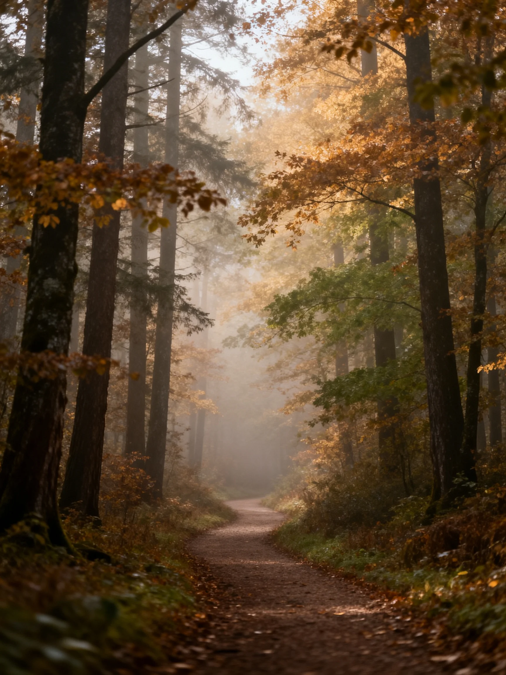 A misty autumn forest path surrounded by tall trees