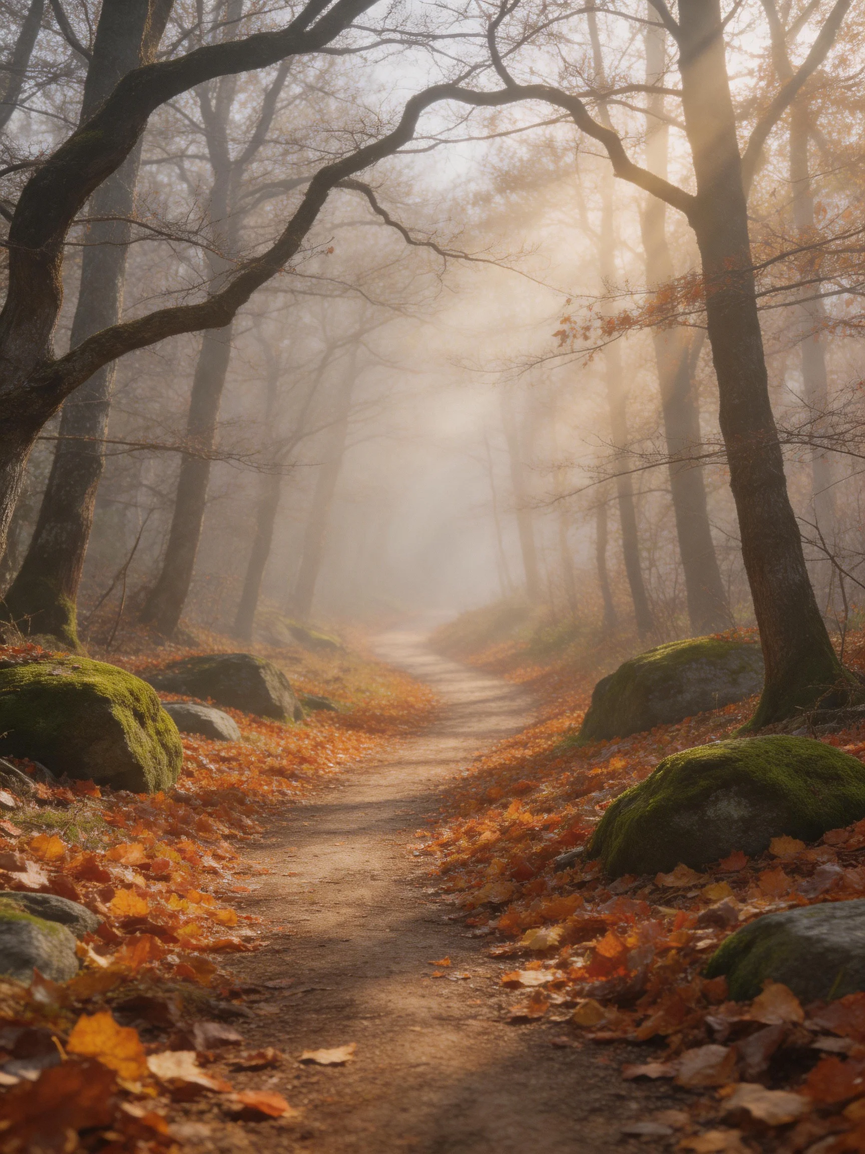 A misty autumn forest path with fallen leaves and moss-covered rocks