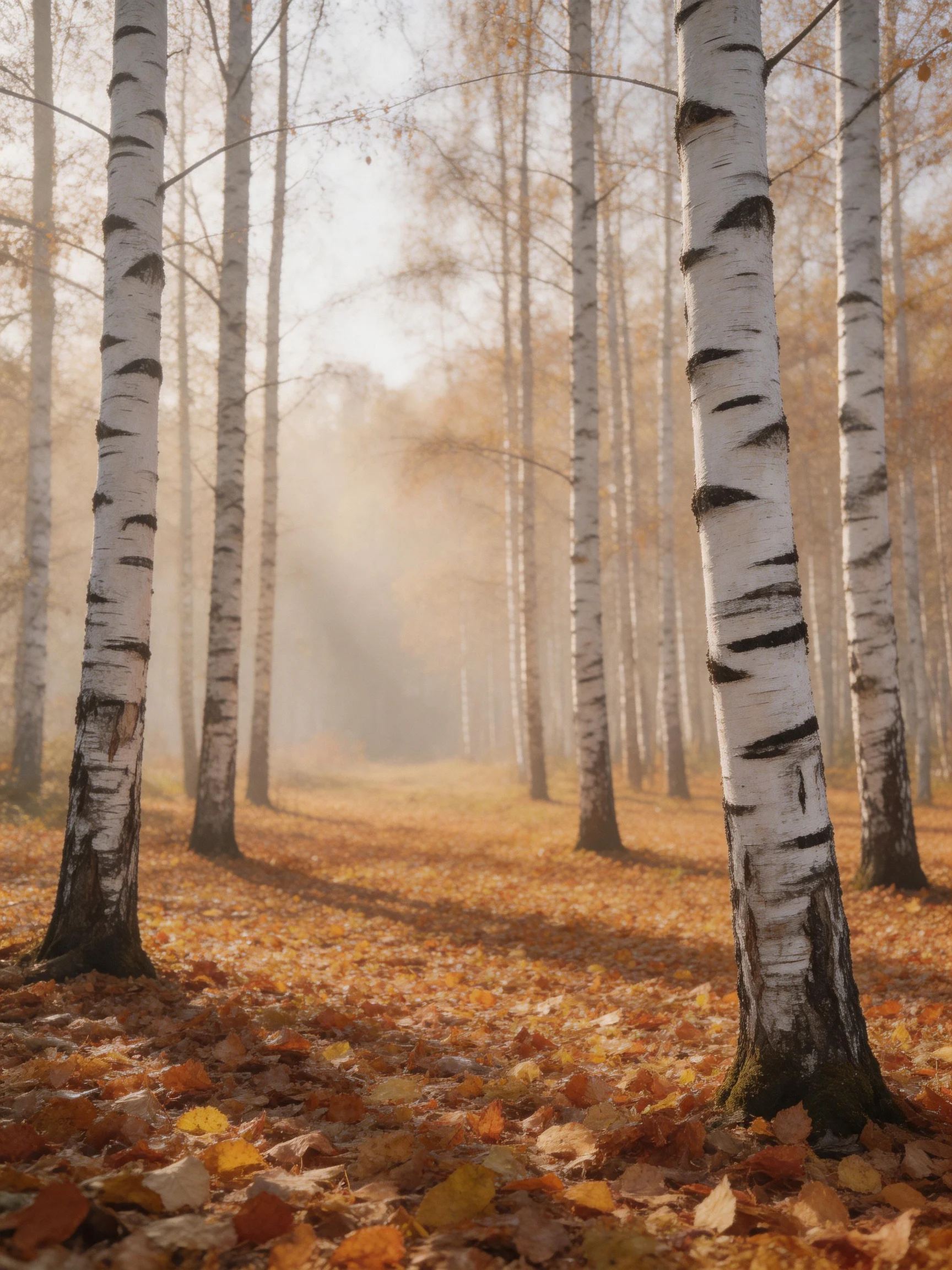 A misty autumn forest with tall white-barked birch trees