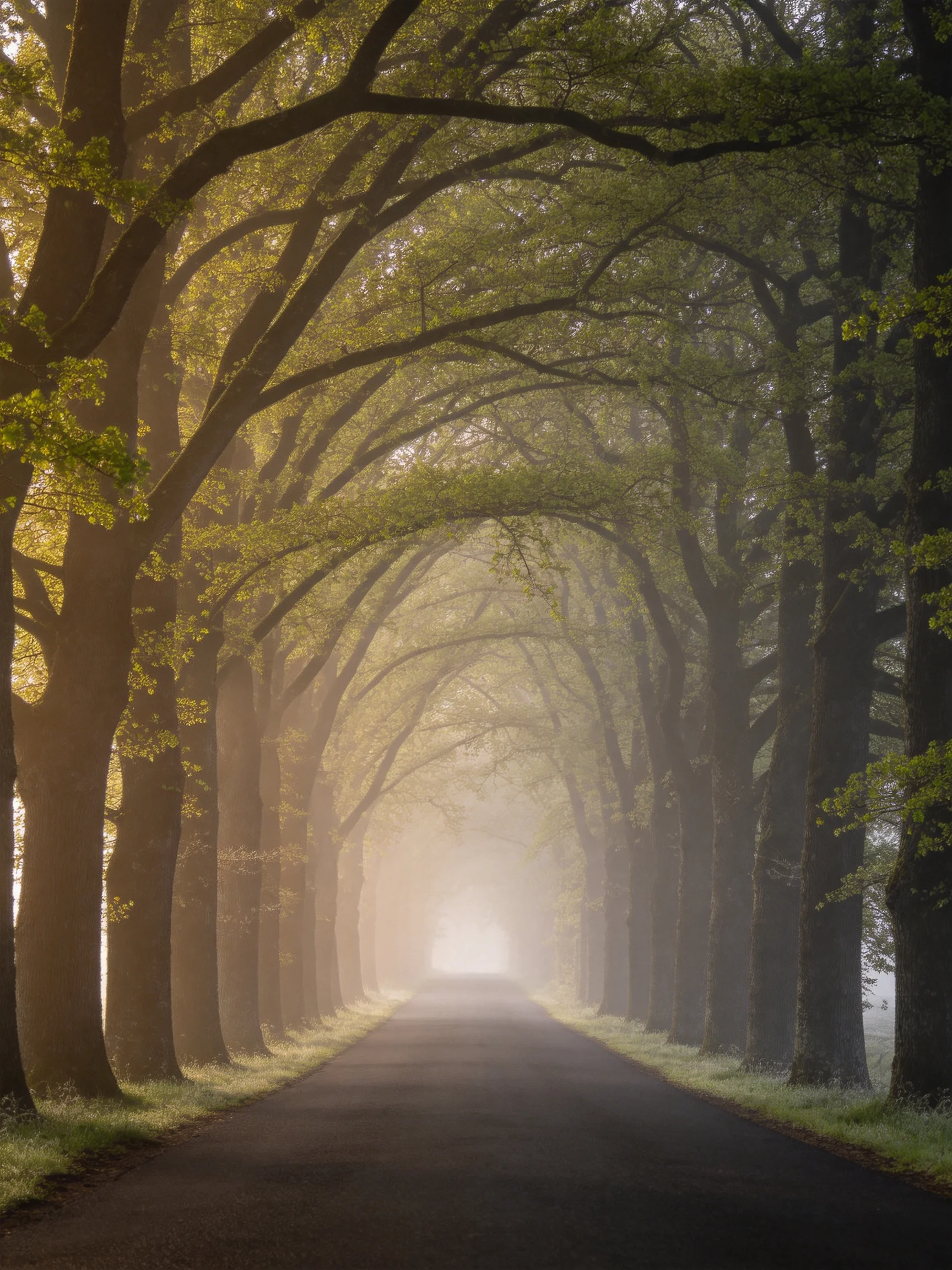 A misty avenue lined with tall green trees forming an archway