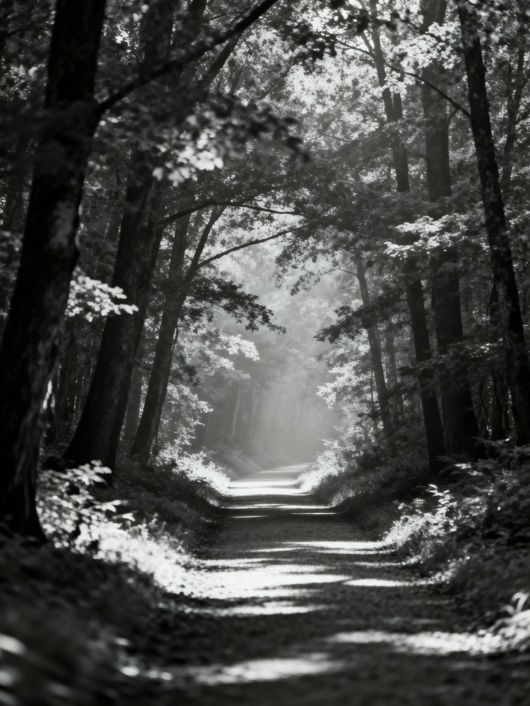 A misty forest path lined with tall trees and dappled light