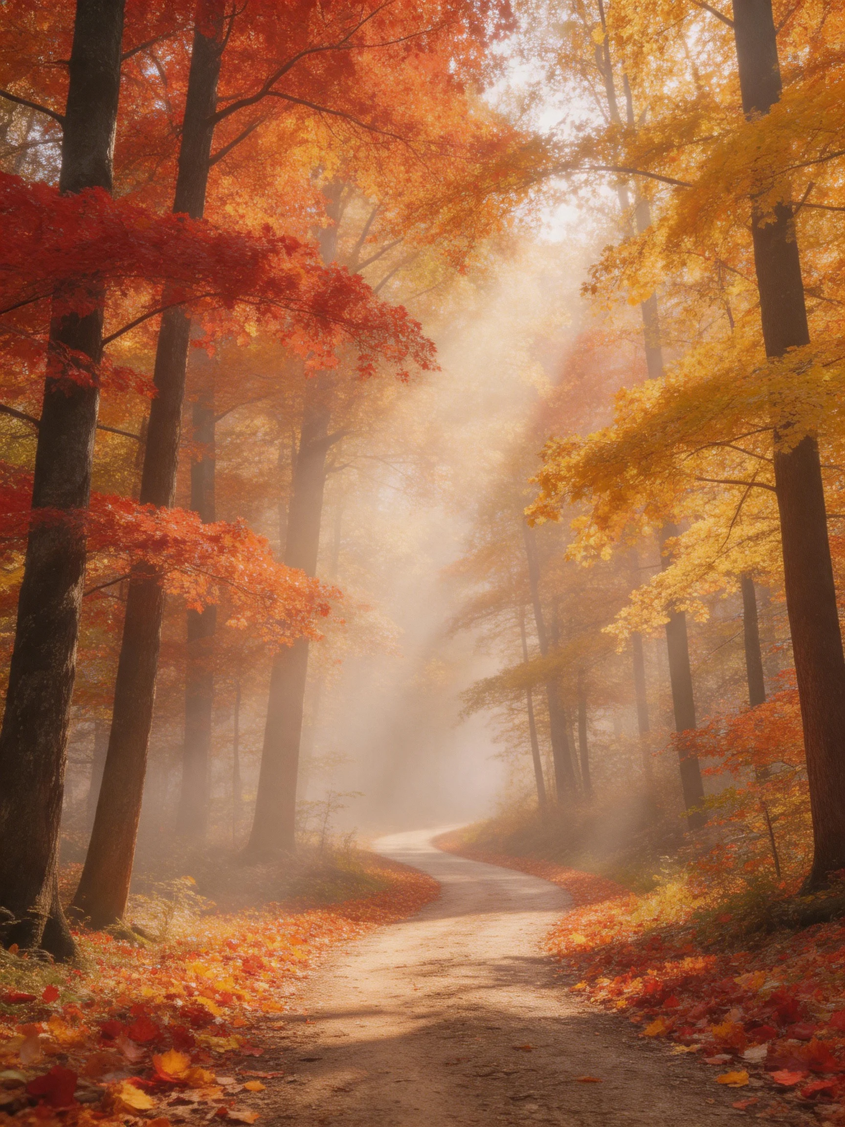 A misty forest path lined with vibrant fall foliage