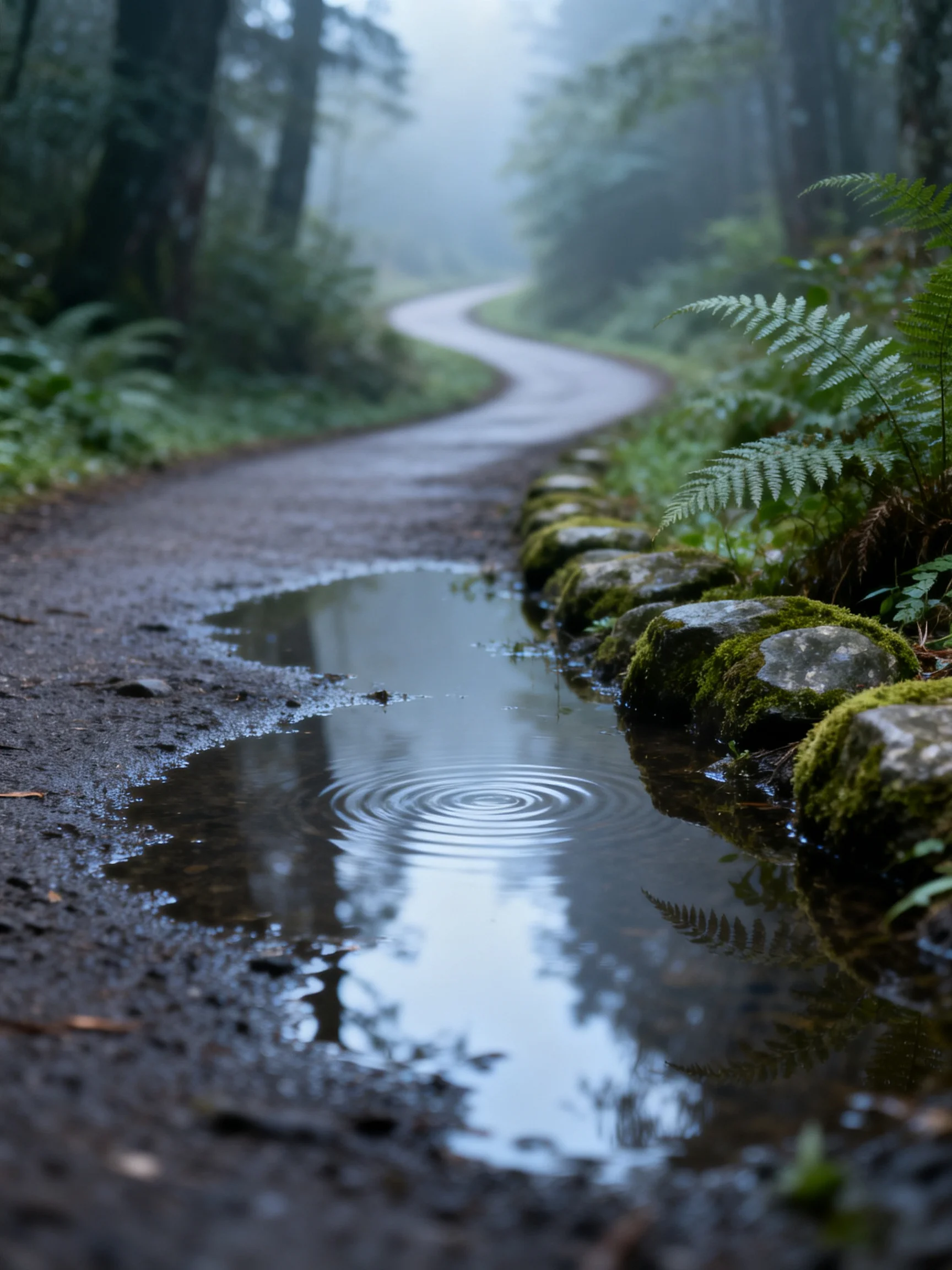 A misty forest path with a large puddle and moss-covered stones