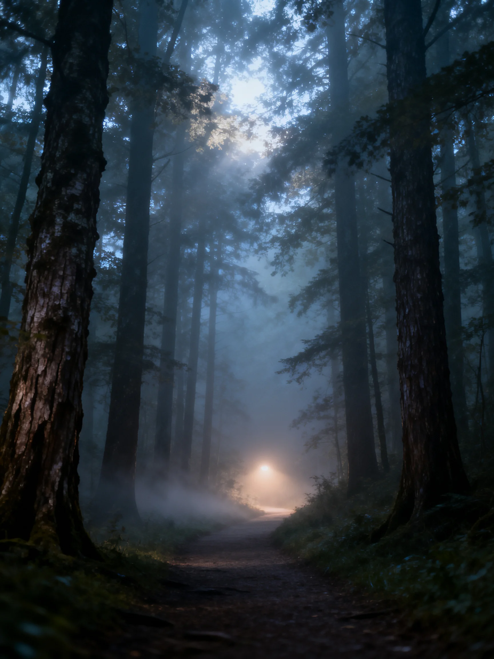 A misty forest path with tall trees and distant light