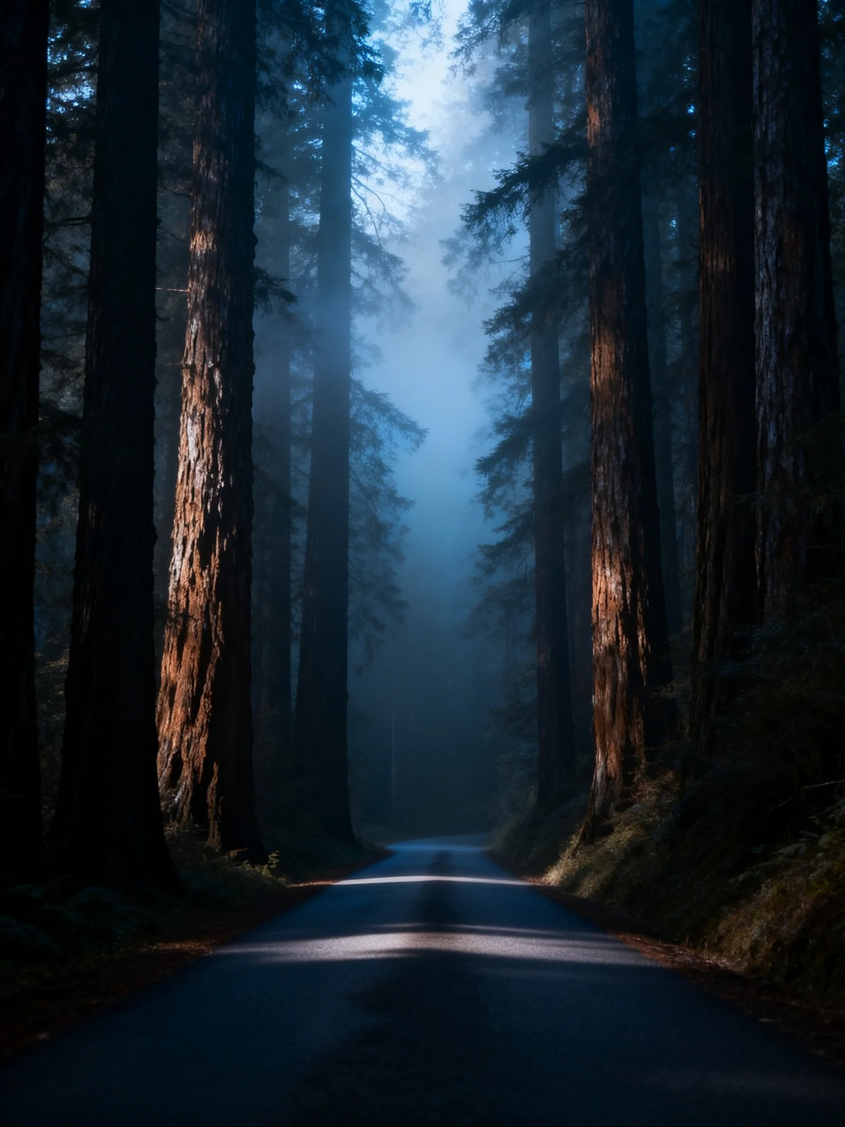 A misty forest road is flanked by towering evergreens under soft blue light