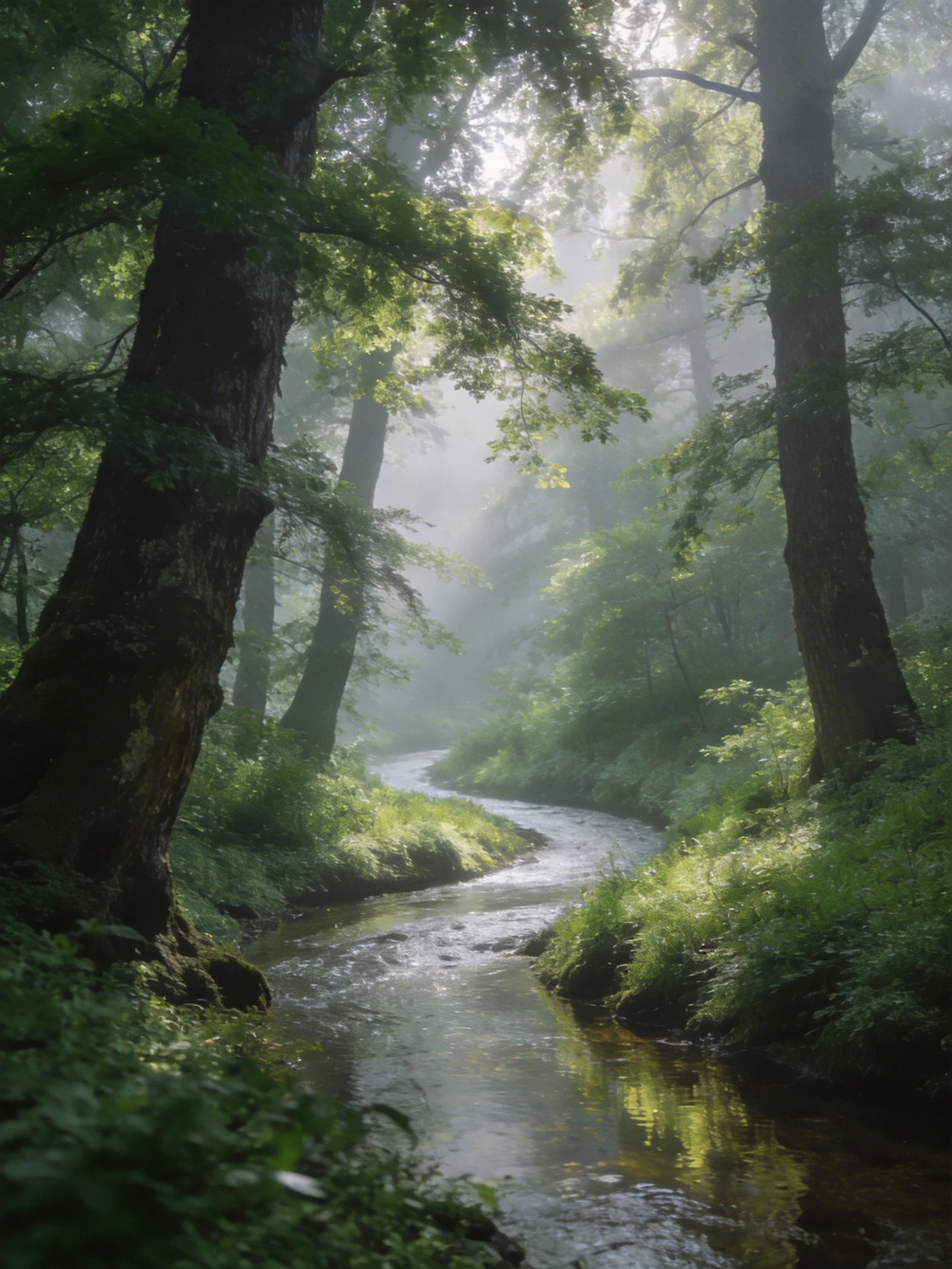 A misty forest stream winds through lush green trees