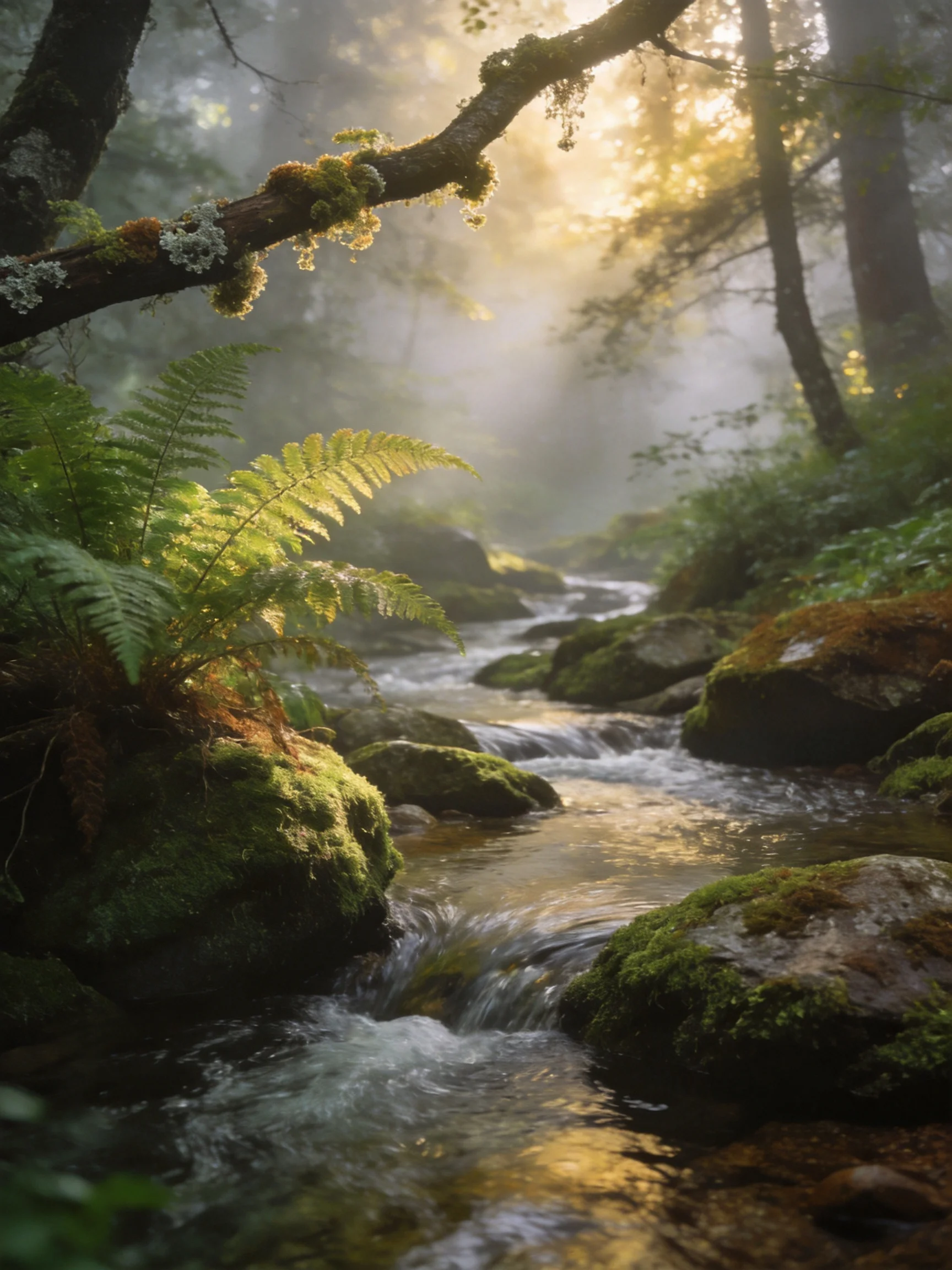 A misty forest stream with moss-covered rocks and golden sunlight
