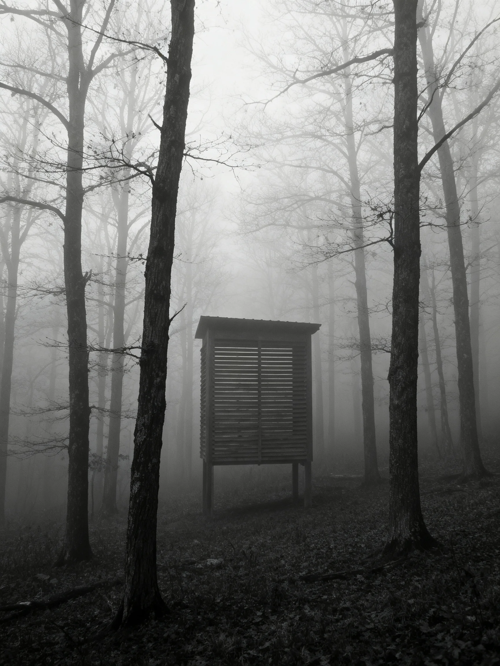 A misty forest with tall bare trees and a wooden observation shelter