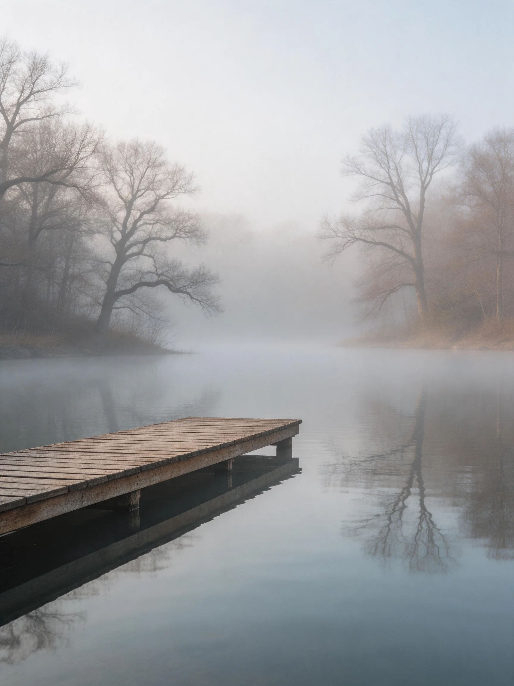 A misty lakeside dock with bare trees reflecting in calm water