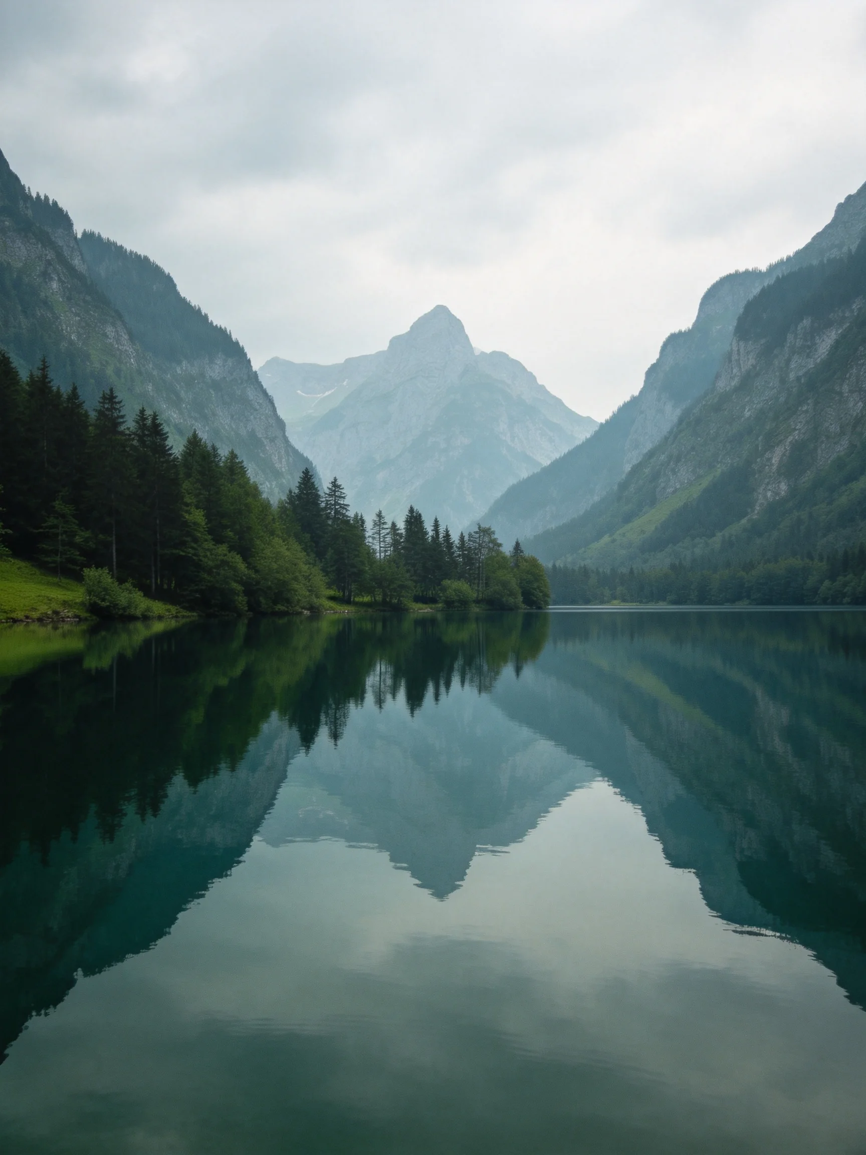 A misty mountain lake reflects forested shores and towering peaks