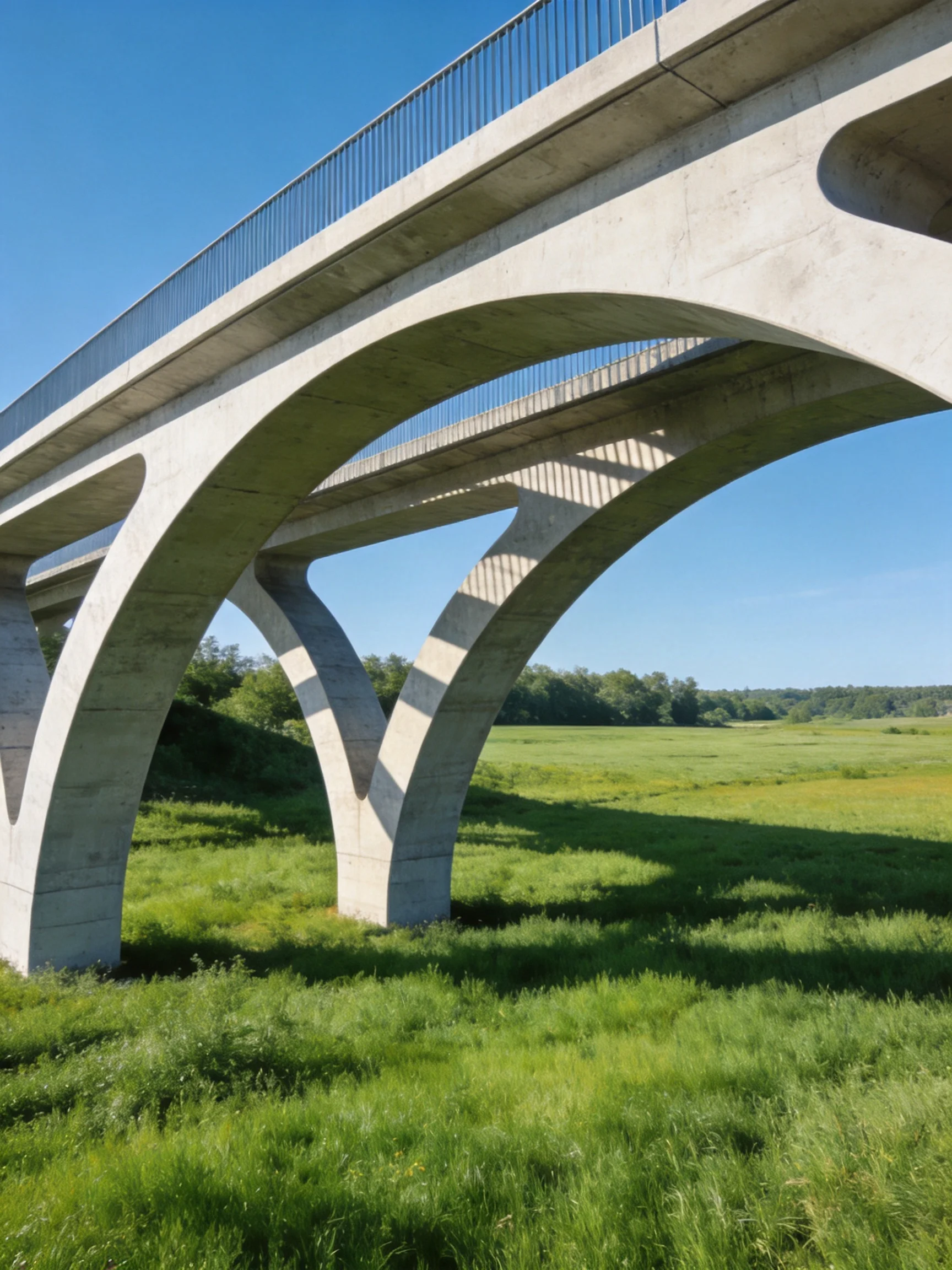 A modern concrete bridge with large arches spans a lush green meadow