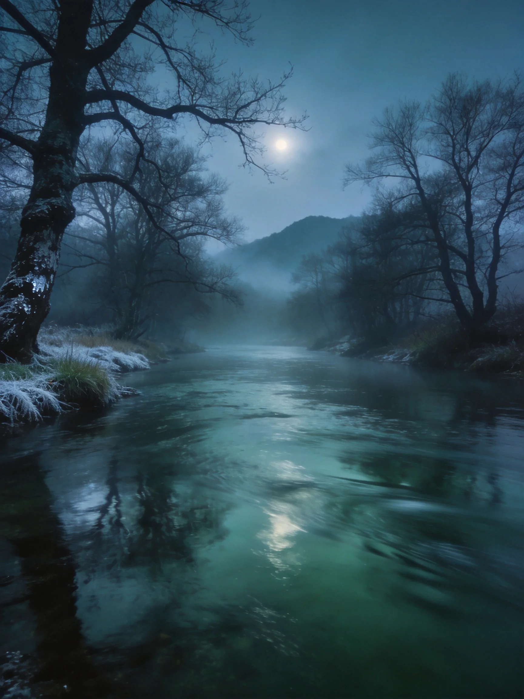 A moonlit river winds through frosty, tree-lined landscape