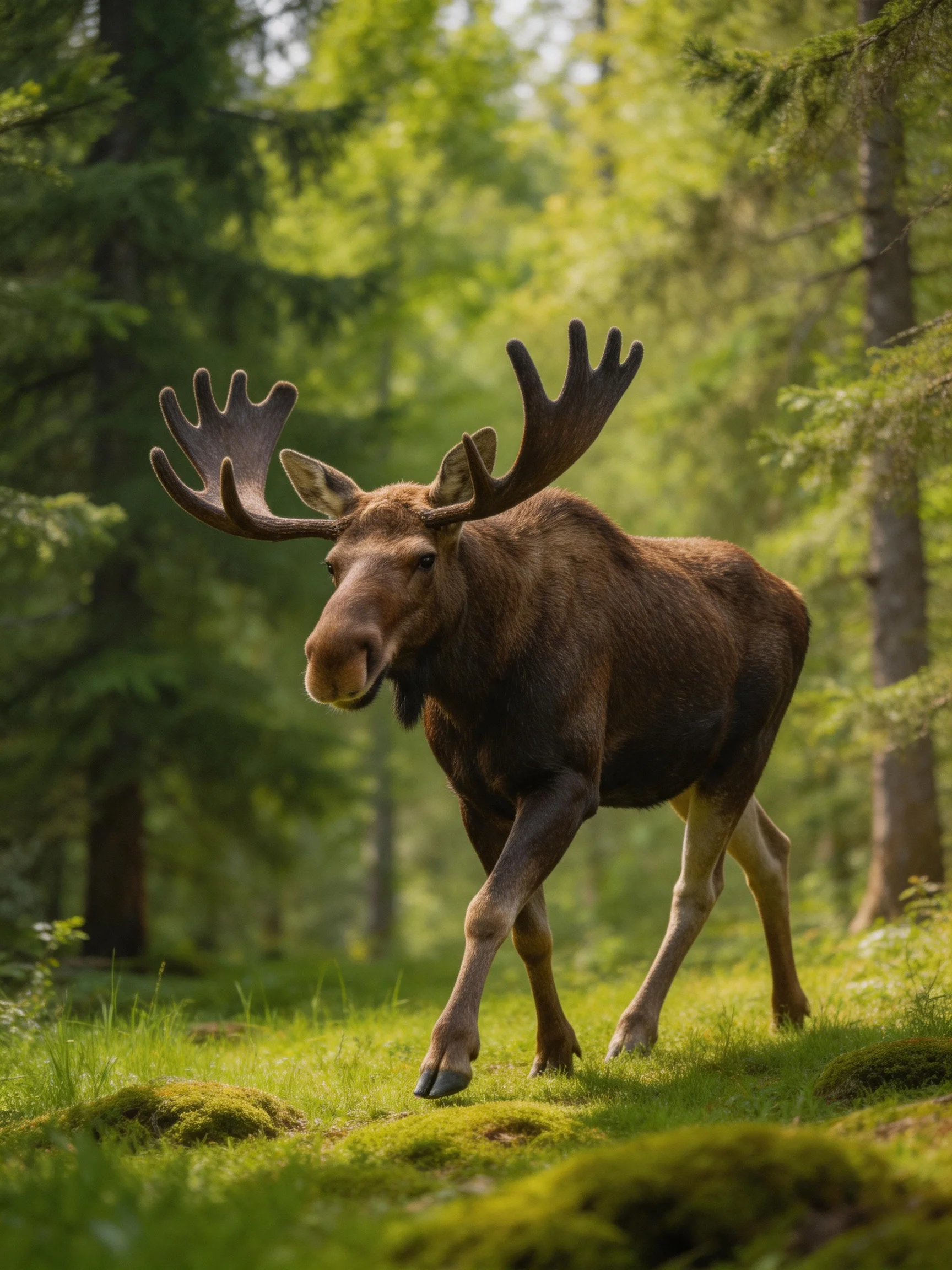 A moose with expansive antlers roams a sunlit forest clearing