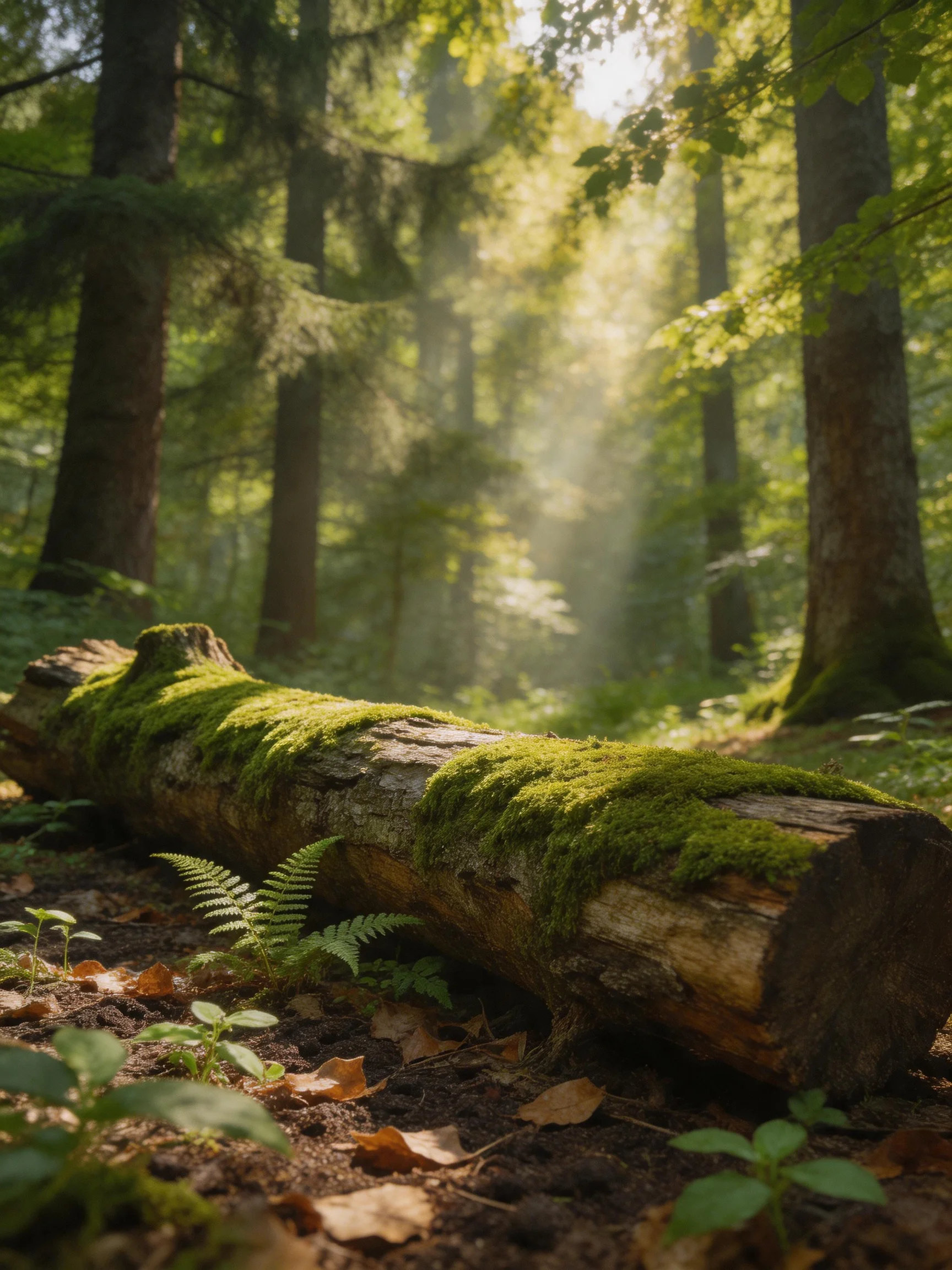 A moss --covered log rests among tall trees with sunlight filtering through