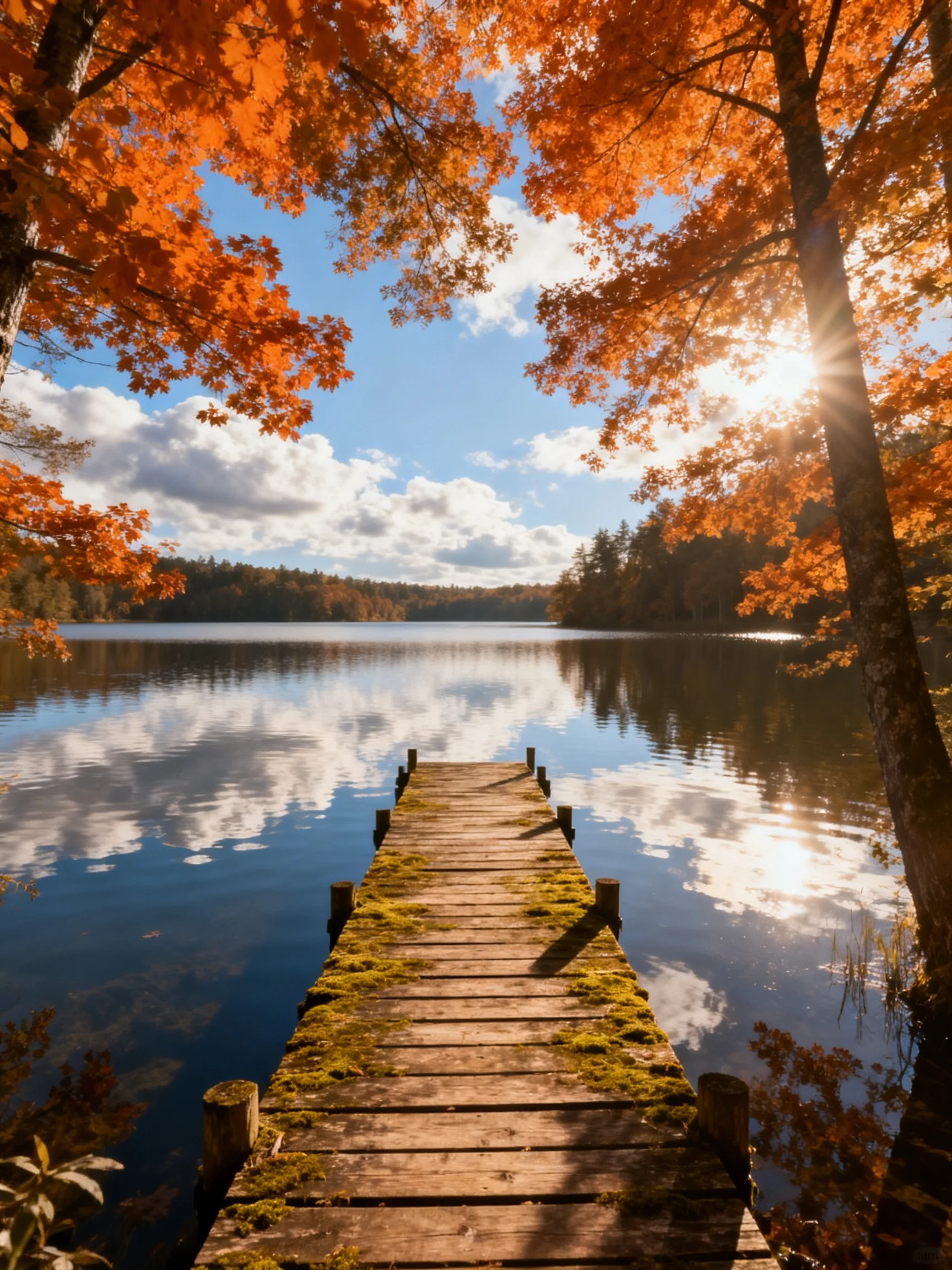 A moss-covered dock extends over a calm lake amid vibrant autumn trees