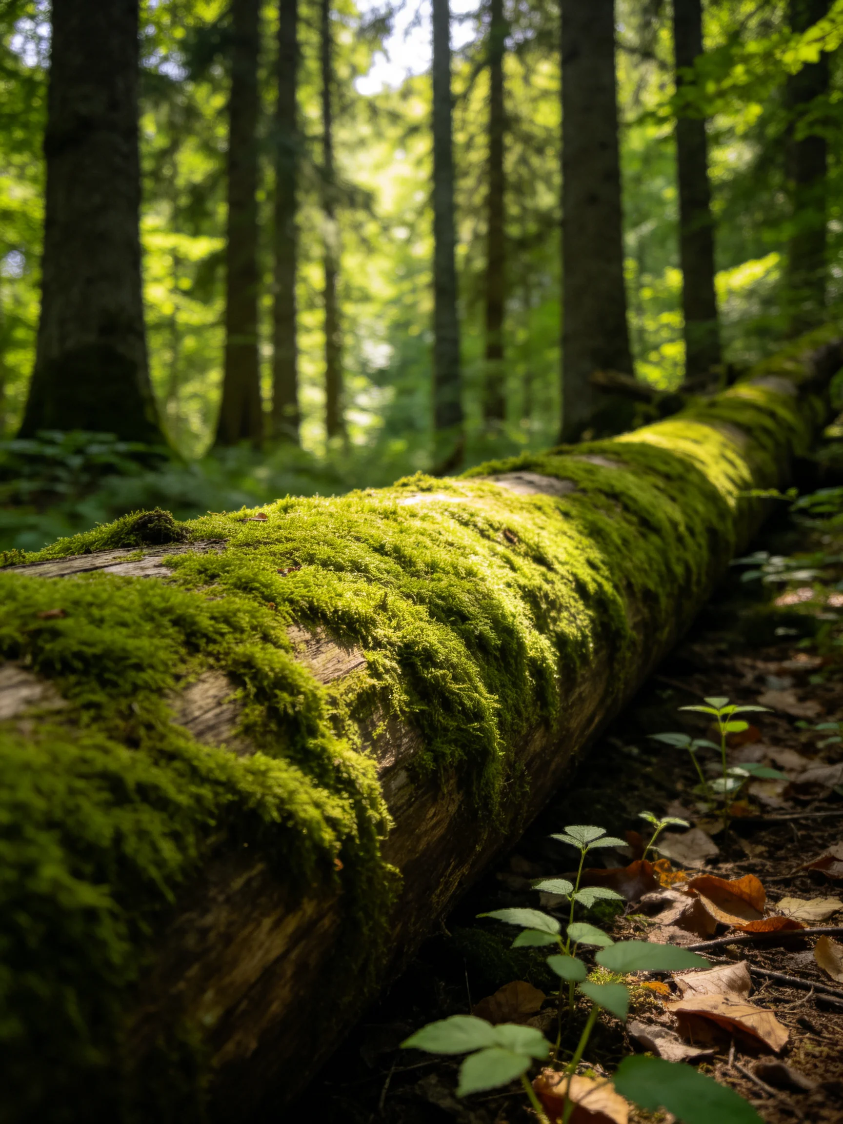 A moss-covered fallen log in a sun-dappled forest