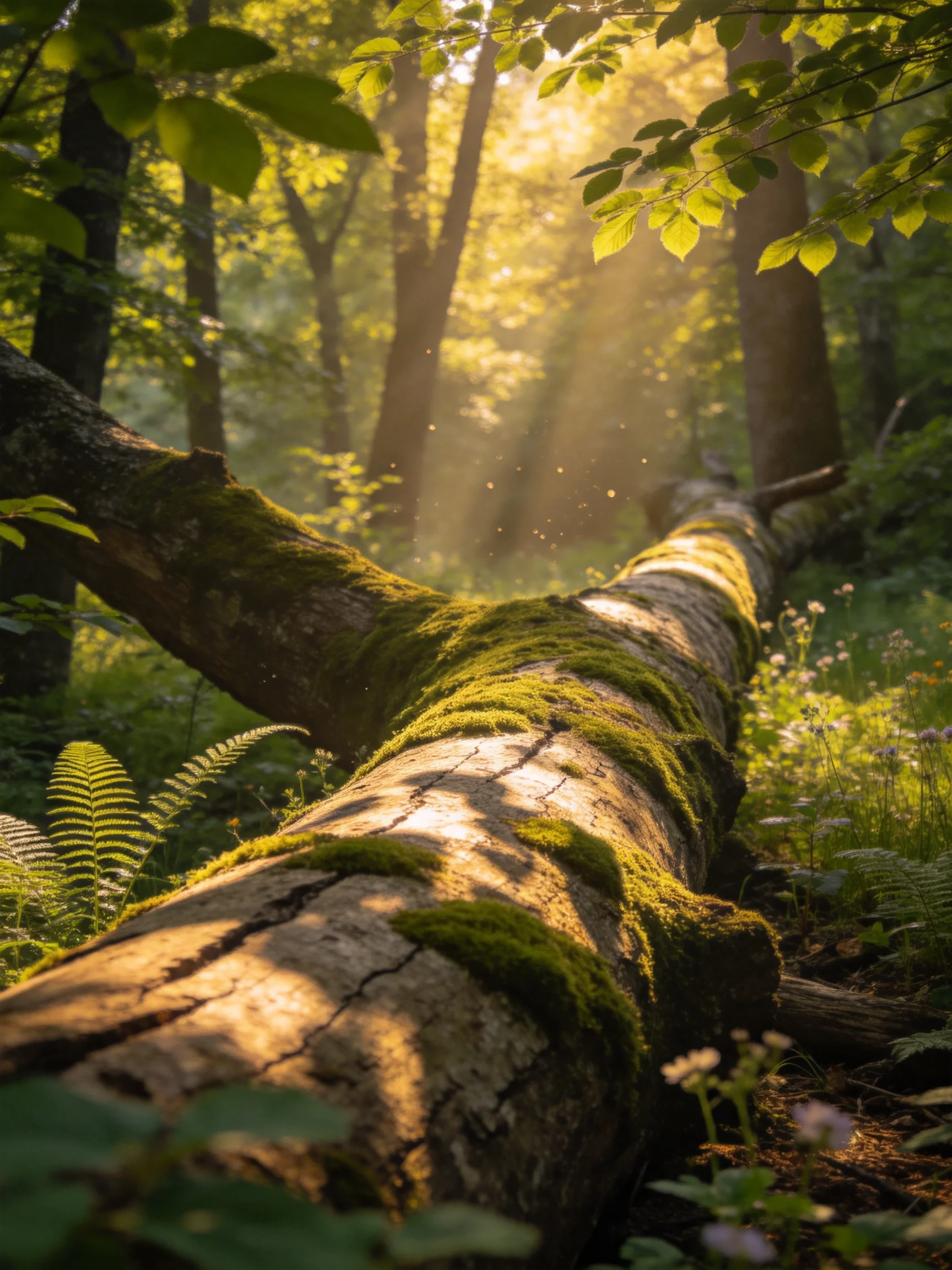 A moss-covered fallen log in a sun-dappled forest glade