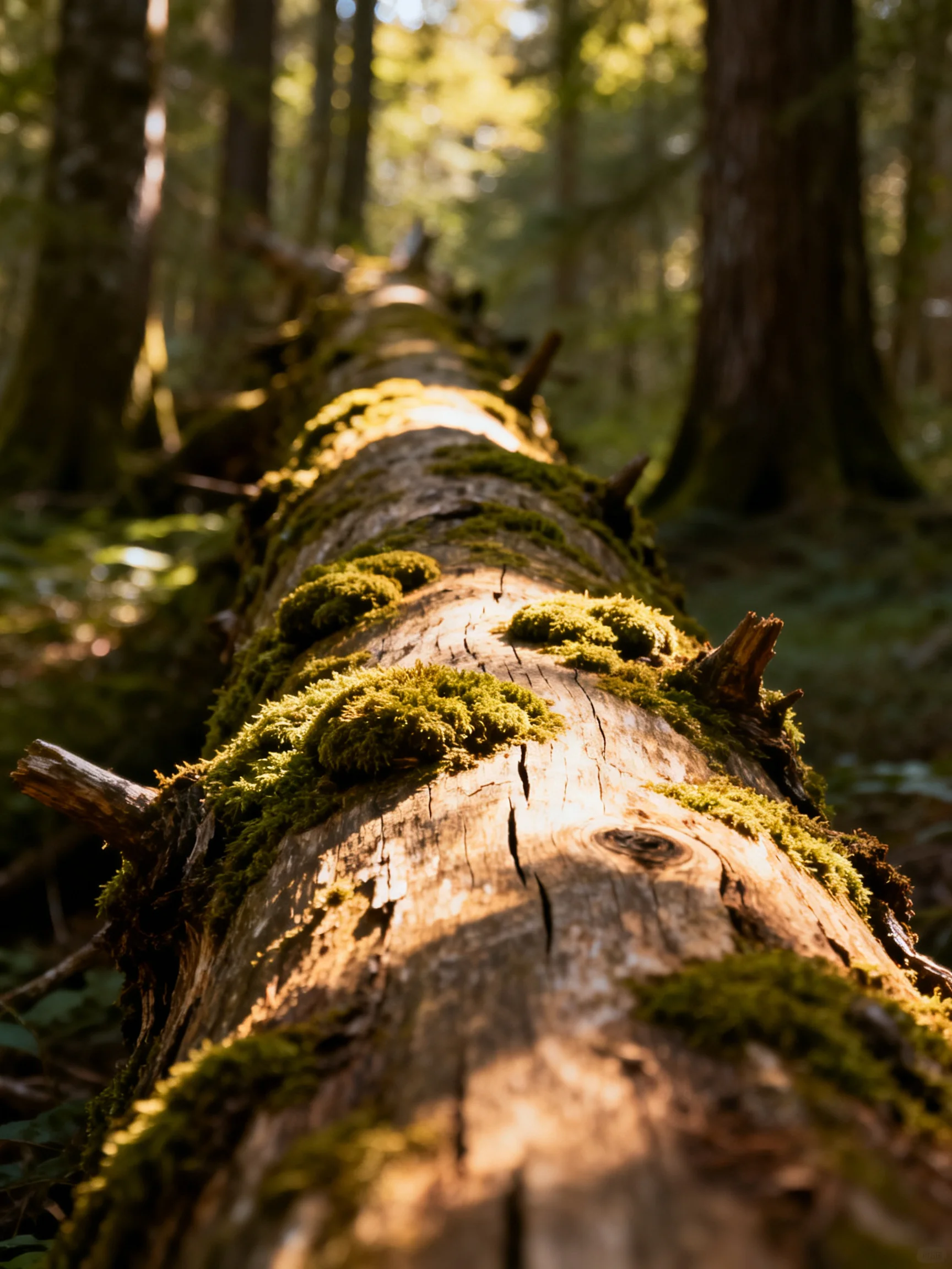 A moss-covered fallen log stretches through a sun-dappled forest