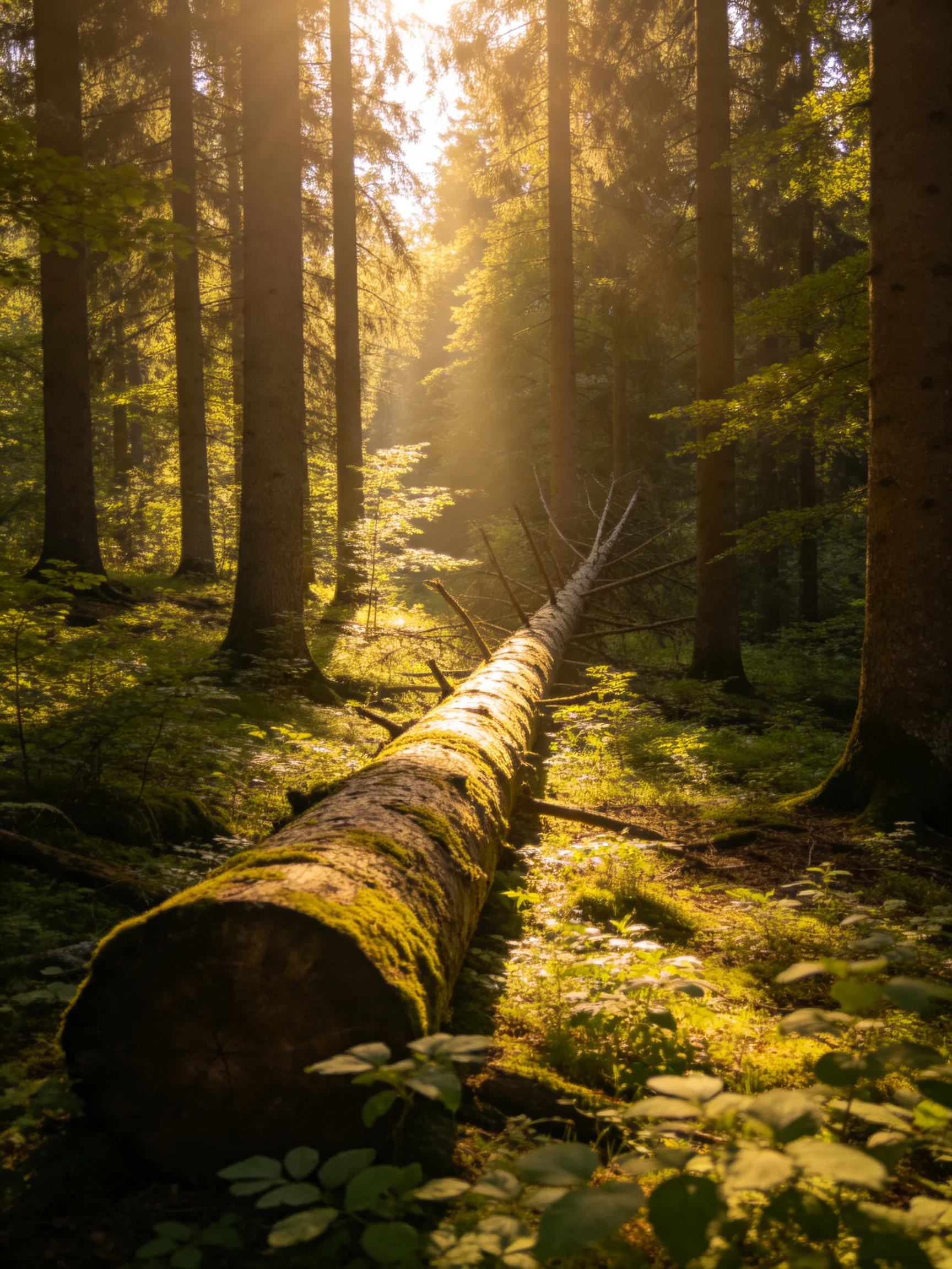 A moss-covered fallen log stretches through a sunlit dense forest