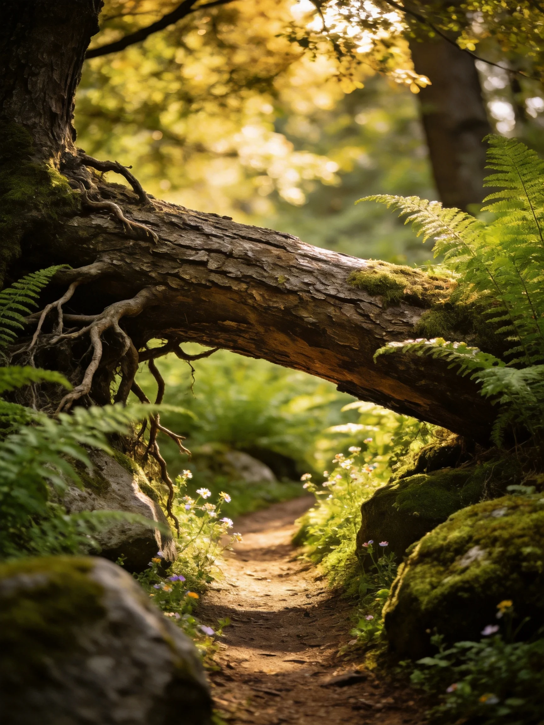 A moss-covered fallen tree arches over a sunlit forest path