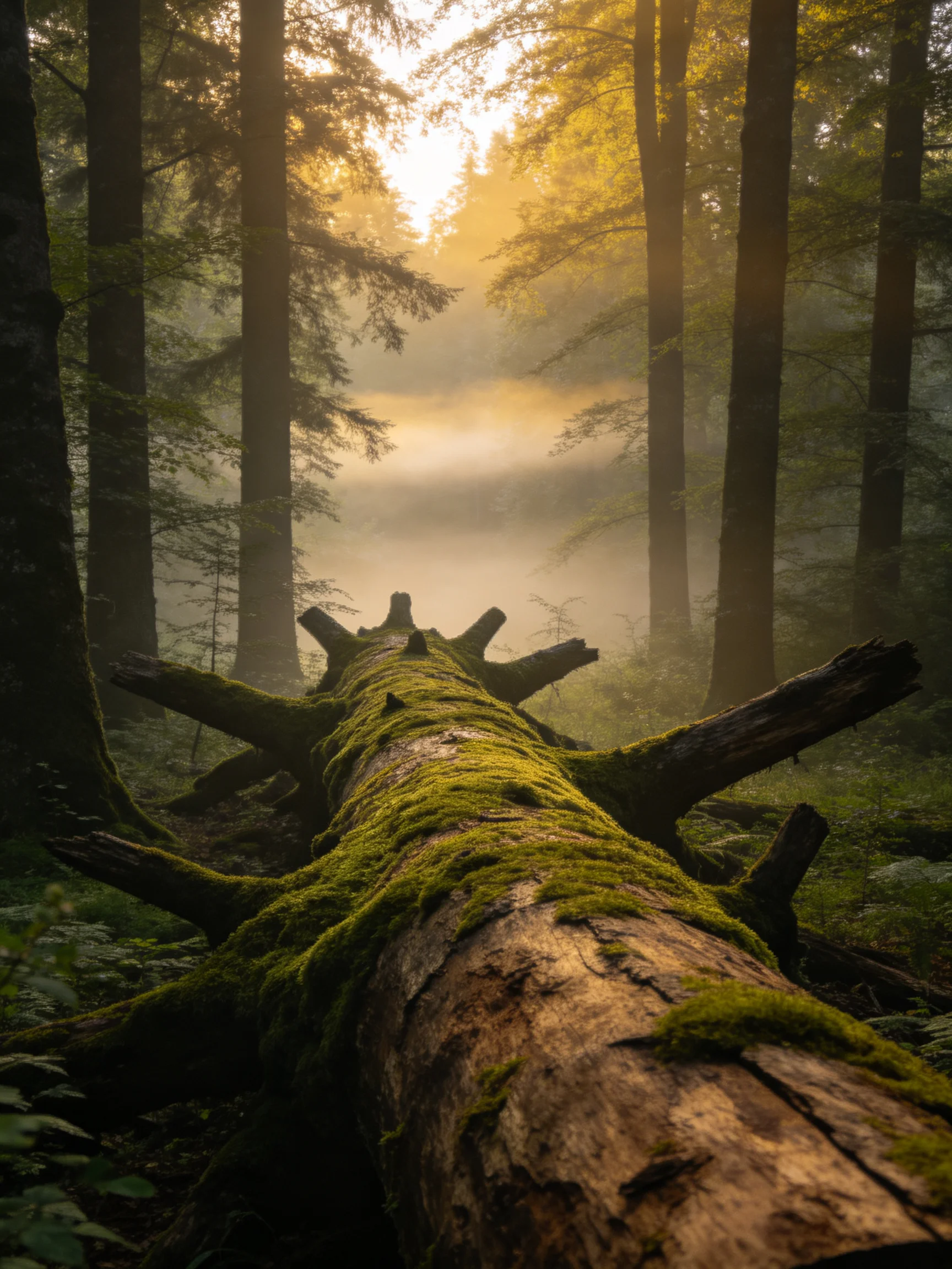 A moss-covered fallen tree in a misty forest with golden sunlight