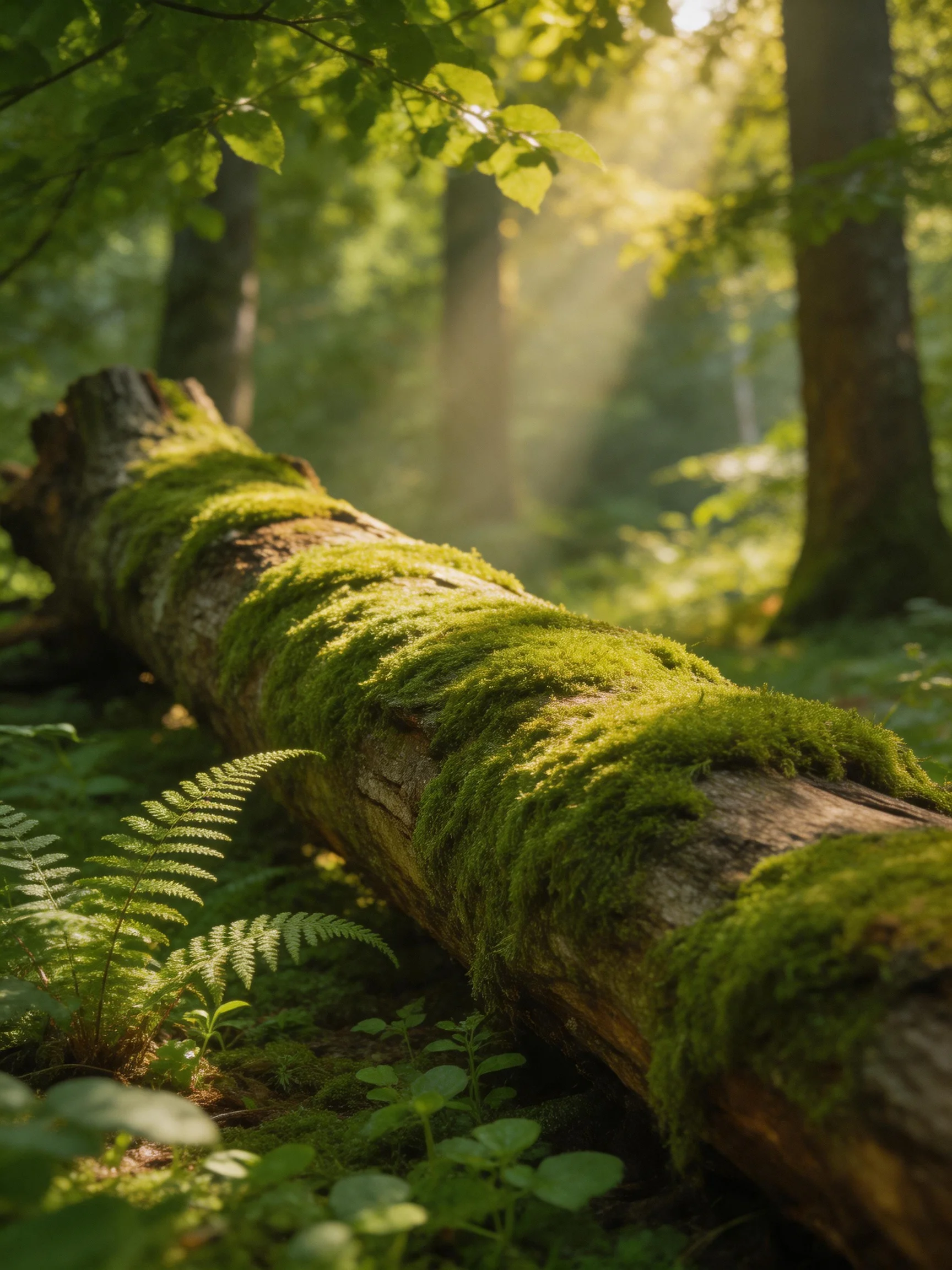 A moss-covered fallen tree trunk in a sun-dappled forest