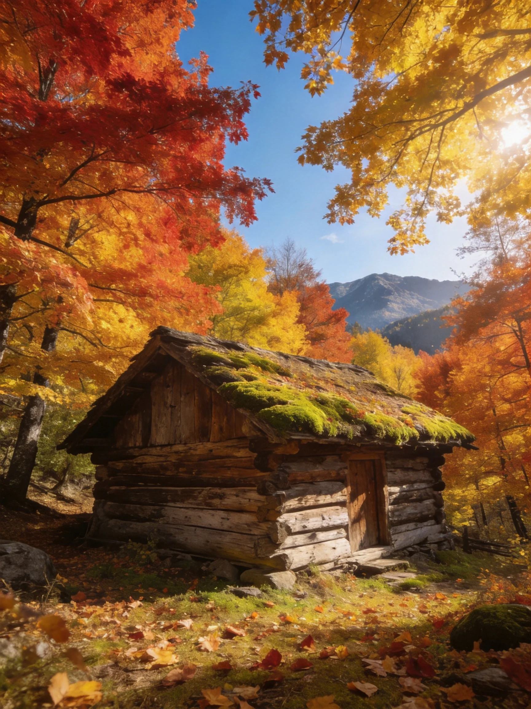 A moss-covered log cabin amid vibrant autumn foliage near mountain peaks